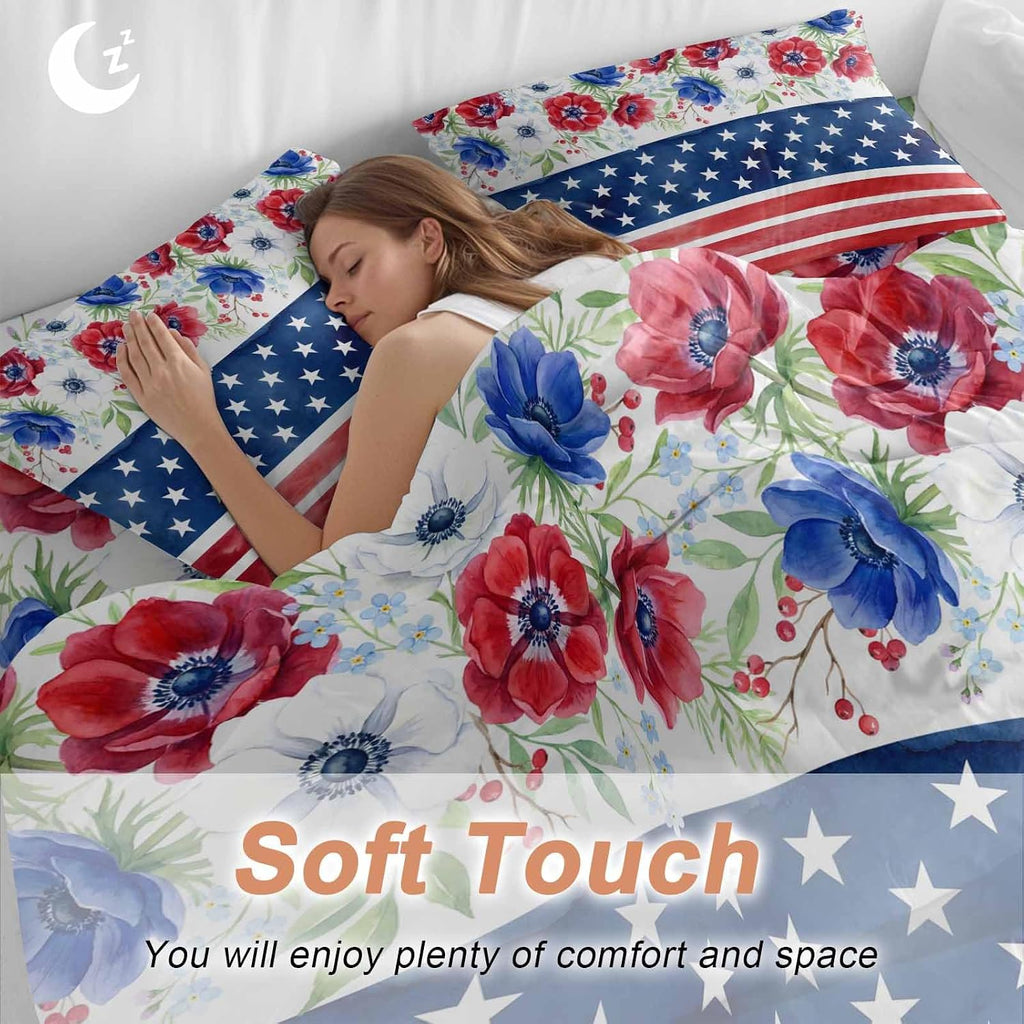 Independence Day Duvet Cover Set Queen Size 4 Pieces American Flag Red Blue Poppy Flower Country Bedding Set with Zipper Closure, 1 Comforter Cover 86x86 Inches 1 Flat Sheet & 2 Pillow Cases