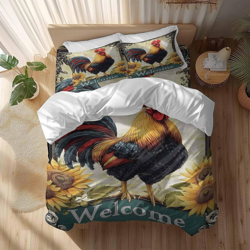 Rooster Chicken Duvet Cover Set Queen Size 4 Pieces Welcome Sunflower Watercolor Art Vintage Farm Bedding Set with Zipper Closure, 1 Comforter Cover 92x106 Inches 1 Flat Sheet & 2 Pillow Cases