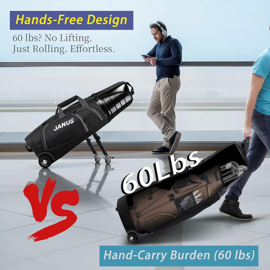 JANUS Golf Travel Bag Hard Case with Foldable Support Legs, Hands-Free Golf Club Travel Bag with 360° Spinner Wheels, ABS Hard Shell, Foldable Design for Airline Travel