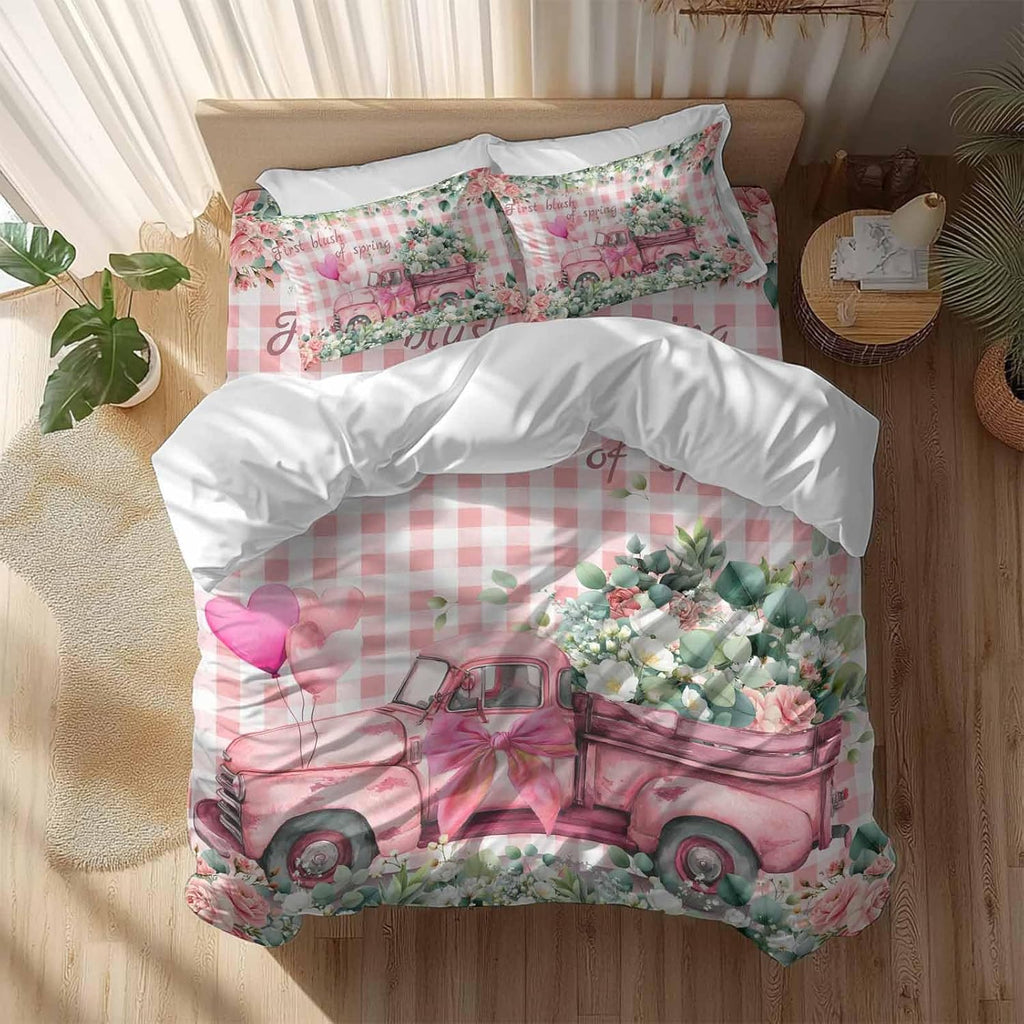 Prime Leader Pink Truck Flowers Duvet Cover Set Queen Size 4 Pieces Spring Rose Green Leaf Pink Plaid Bedding Set with Zipper Closure, 1 Comforter Cover 90x92 Inches 1 Flat Sheet & 2 Pillow Cases