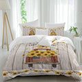 Farm Sunflowers Duvet Cover Set Queen Size 4 Pieces Summer Floral Truck Leaves Fruit Wood Grain Bedding Set with Zipper Closure, 1 Comforter Cover 86x86 Inches 1 Flat Sheet & 2 Pillow Cases