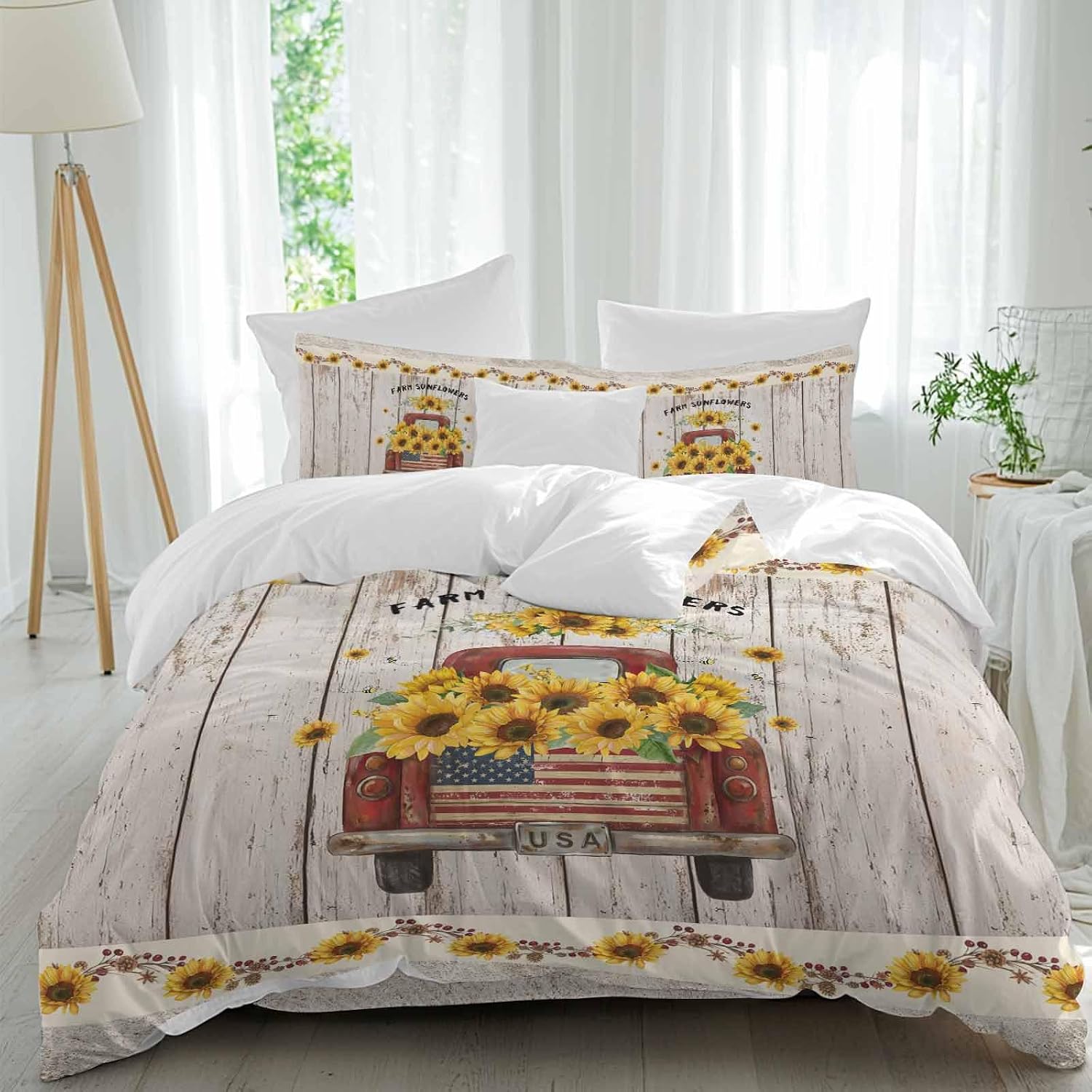Farm Sunflowers Duvet Cover Set Queen Size 4 Pieces Summer Floral Truck Leaves Fruit Wood Grain Bedding Set with Zipper Closure, 1 Comforter Cover 86x86 Inches 1 Flat Sheet & 2 Pillow Cases
