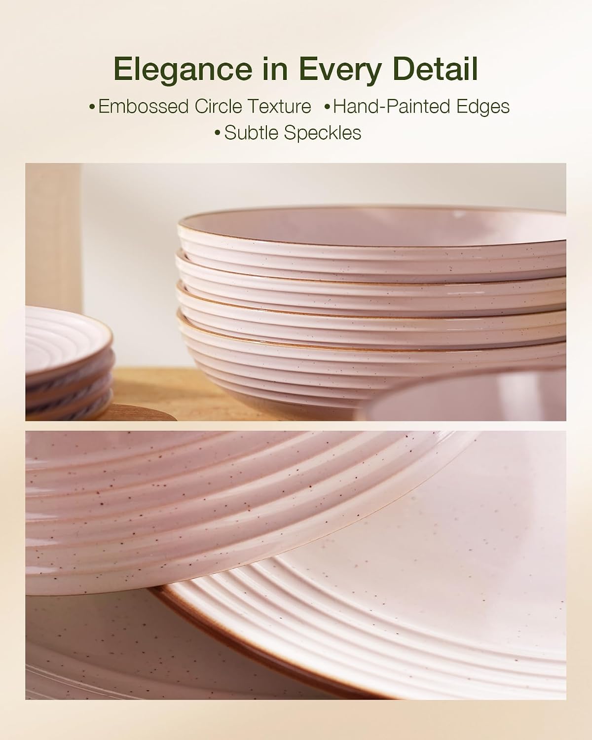 Famiware Jupiter 18-Piece Stoneware Dinnerware Sets for 6 – Handcrafted Plates and Bowls with Speckles & Embossed Swirls, Chip & Scratch Resistant, Modern Rustic Dishes for Daily & Formal Use, Pink