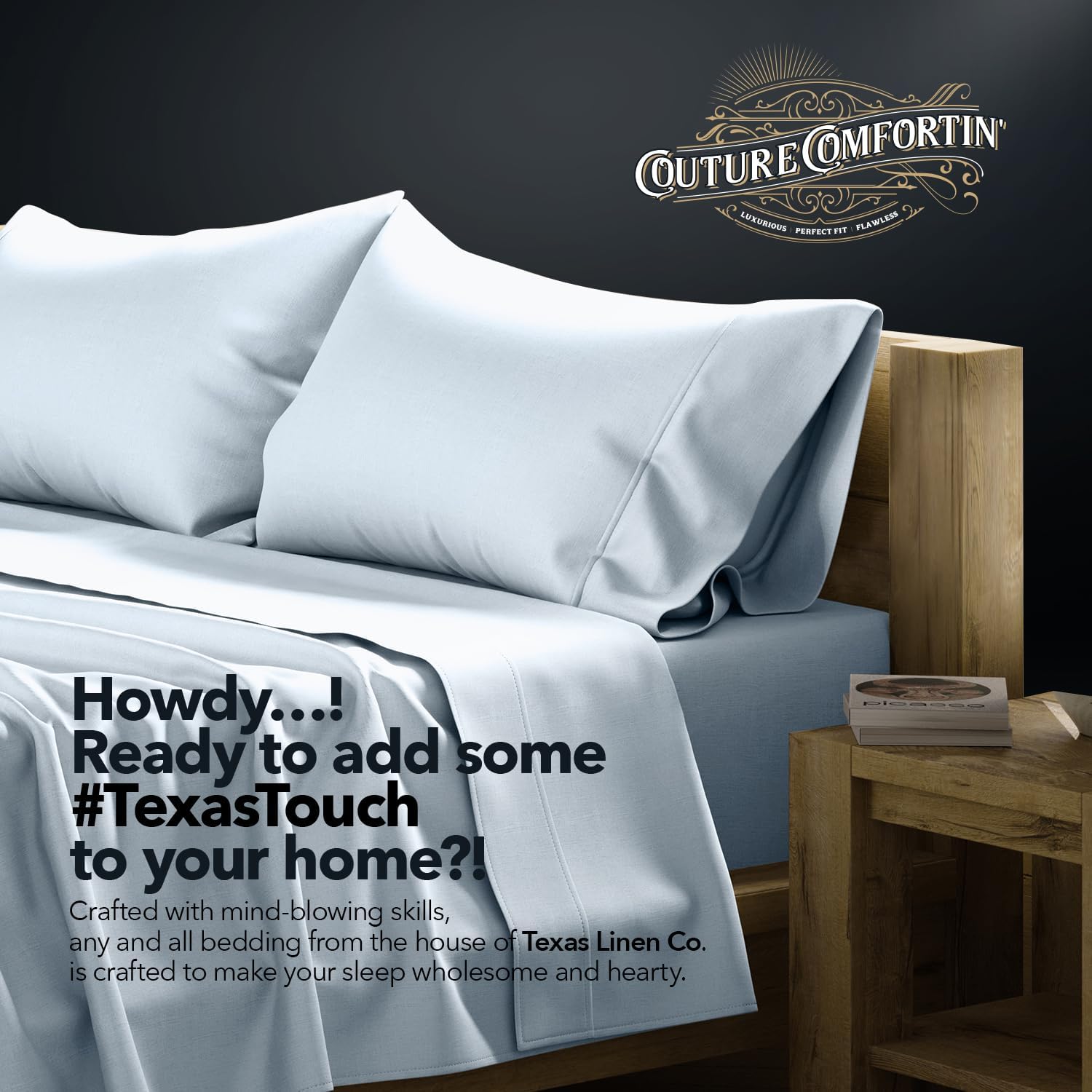TEXAS LINEN CO. 100% Egyptian Cotton Queen Sheets Set - Luxury 1500 Series Couture Comfortin' Collection Egyptian Cotton Sheets Queen Size Set (4 PC, Light Blue), 17' Deep Pocket, Hotel Bedding Set