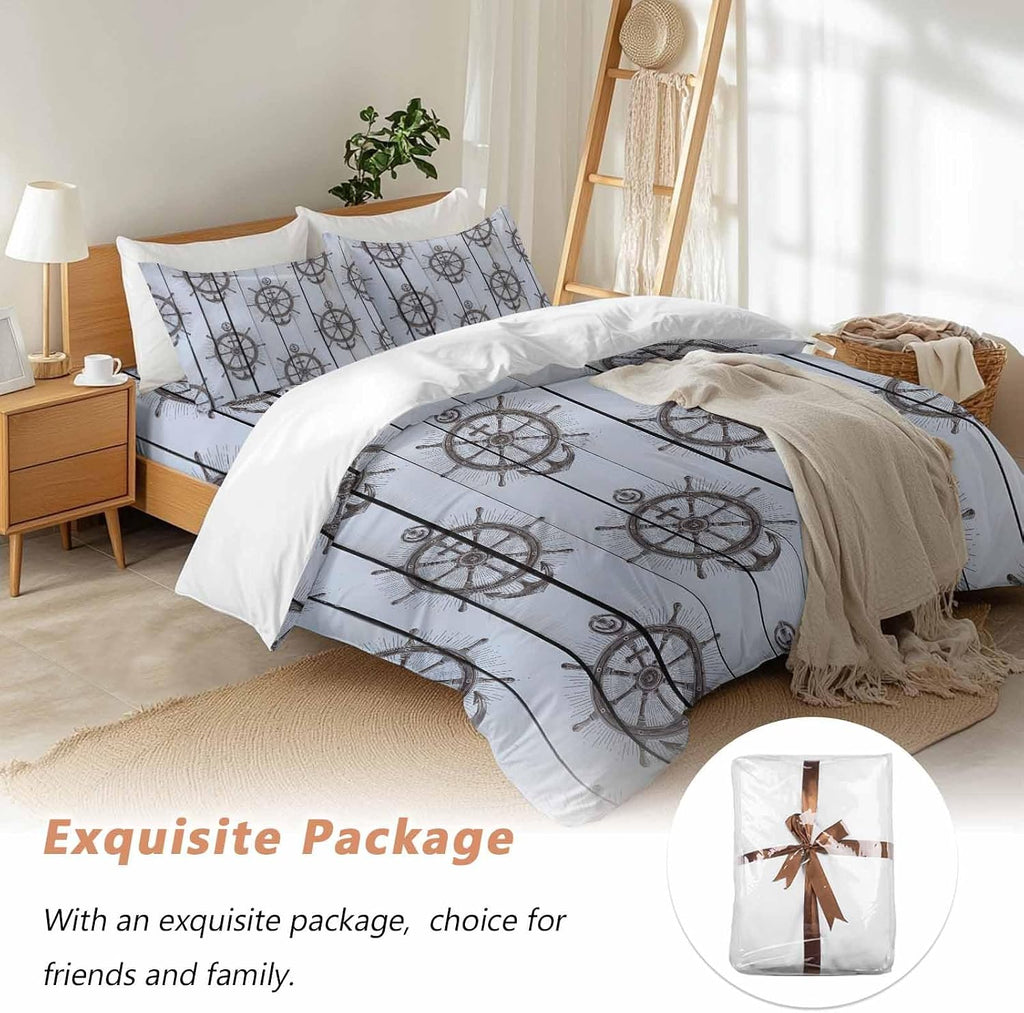 Summer Coastal Duvet Cover Set Queen Size 4 Pieces Nautical Brown Anchor Rudder Ocean Gray Wood Grain Bedding Set with Zipper Closure, 1 Comforter Cover 92x106 Inches 1 Flat Sheet & 2 Pillow Cases