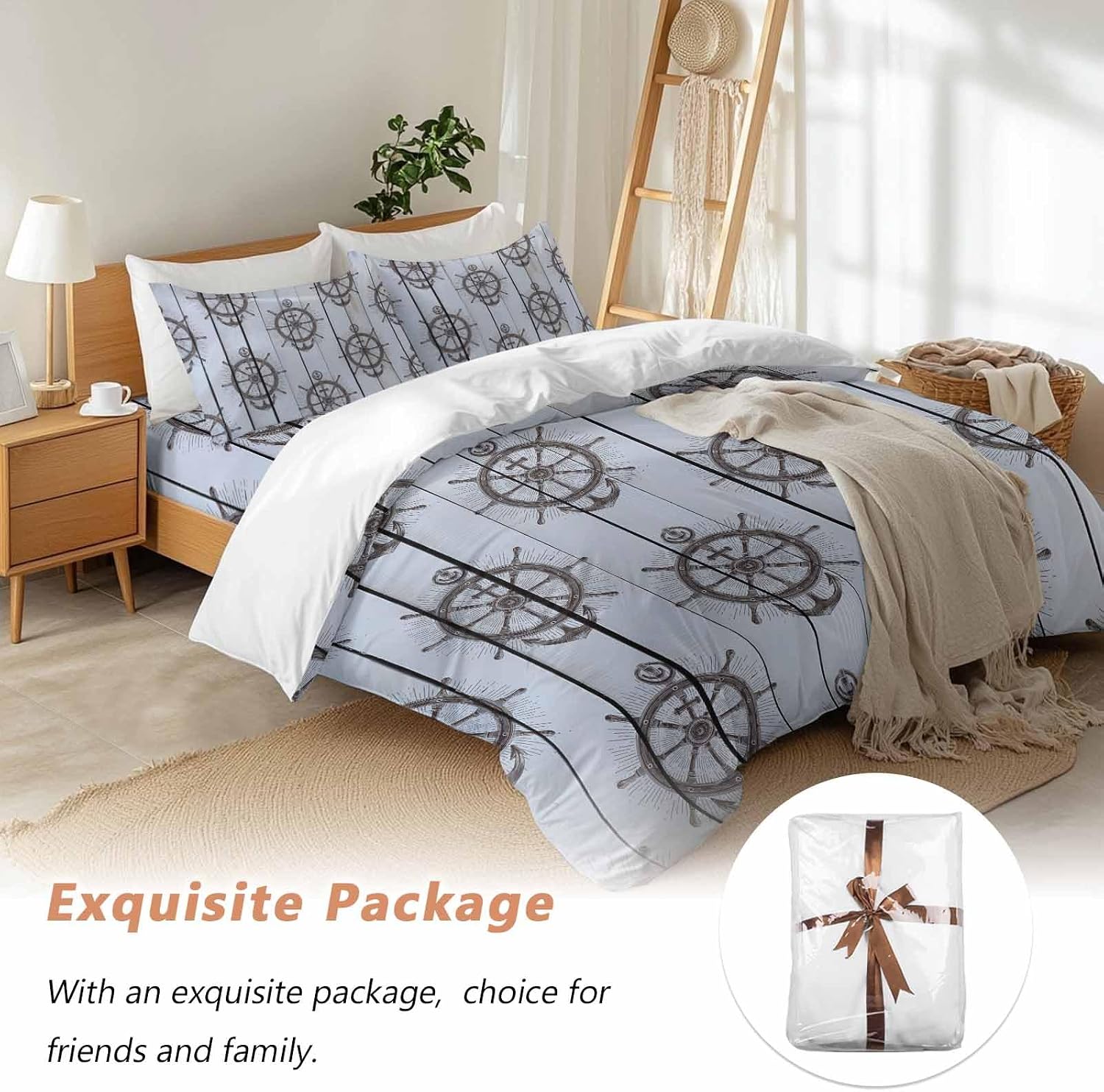 Summer Coastal Duvet Cover Set Queen Size 4 Pieces Nautical Brown Anchor Rudder Ocean Gray Wood Grain Bedding Set with Zipper Closure, 1 Comforter Cover 86x86 Inches 1 Flat Sheet & 2 Pillow Cases