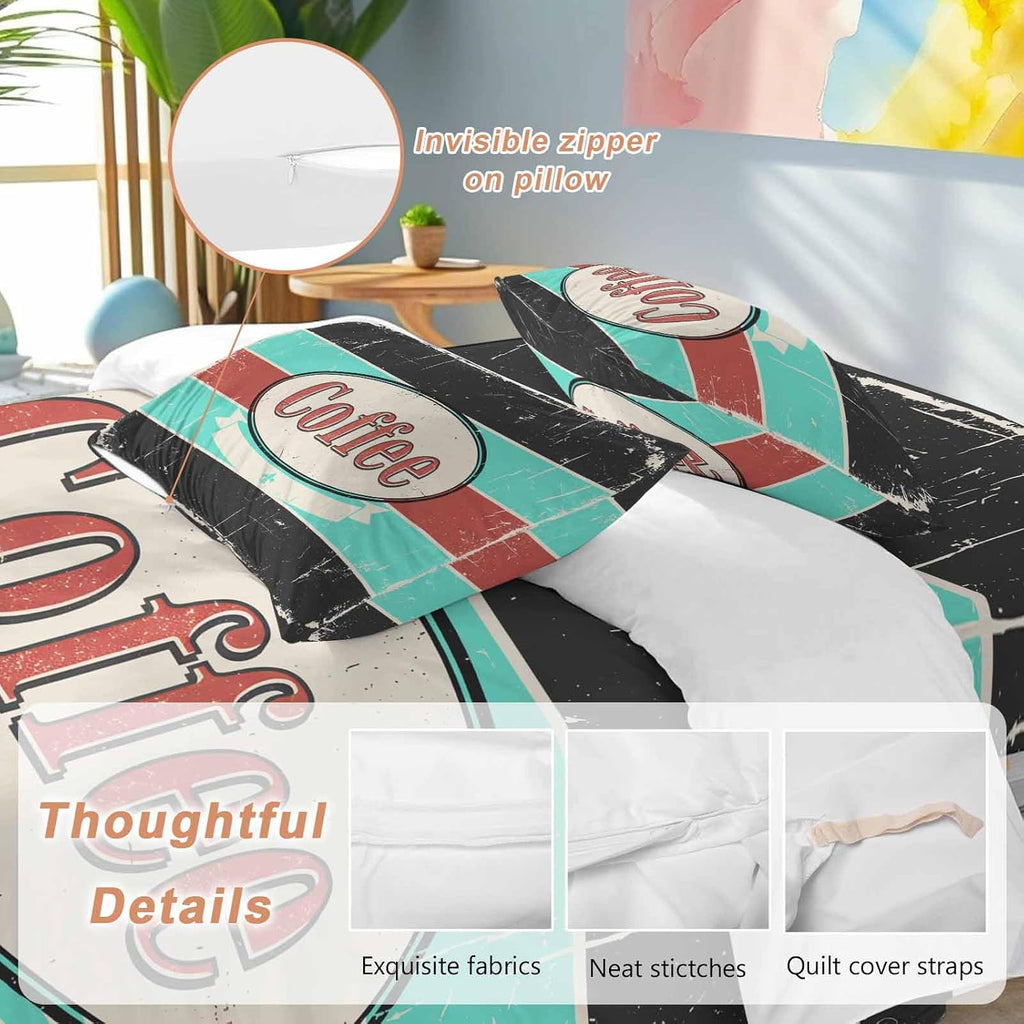 Coffee Duvet Cover Set Queen Size 4 Pieces Shabby Chic Blue Red Stripes Letter Print Casual Vintage Bedding Set with Zipper Closure, 1 Comforter Cover 90x92 Inches 1 Flat Sheet & 2 Pillow Cases