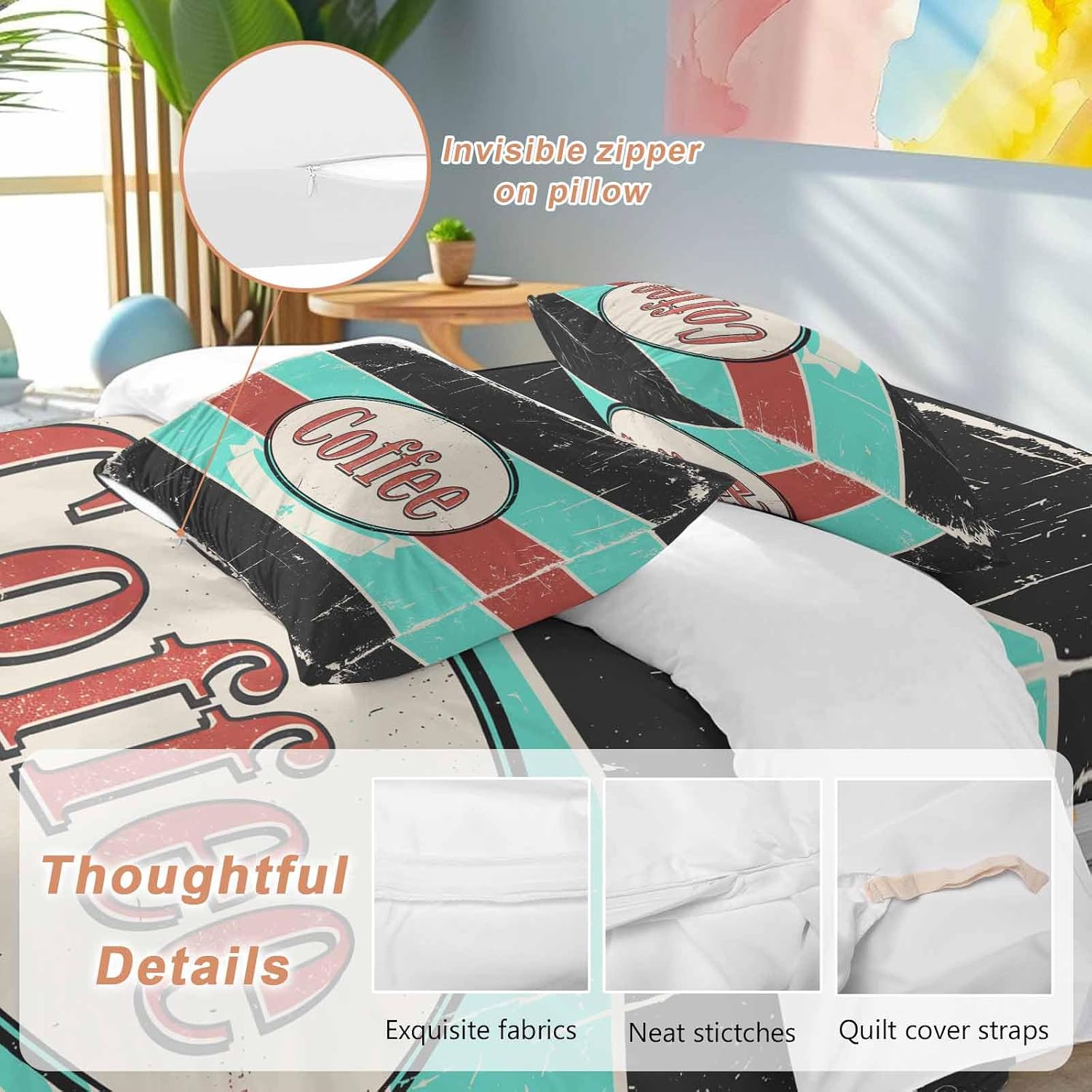Coffee Duvet Cover Set Queen Size 4 Pieces Shabby Chic Blue Red Stripes Letter Print Casual Vintage Bedding Set with Zipper Closure, 1 Comforter Cover 90x92 Inches 1 Flat Sheet & 2 Pillow Cases