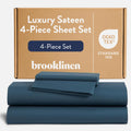 Brooklinen Luxury Sateen 4 Piece Sheet Set - 100% Cotton Sateen Sheets, Soft & Durable King Size Sheets Set in Abyss Blue, Oeko-TEX Certified Bedding Set, 1 Fitted Sheet, 1 Flat Sheet, 2 Pillowcases