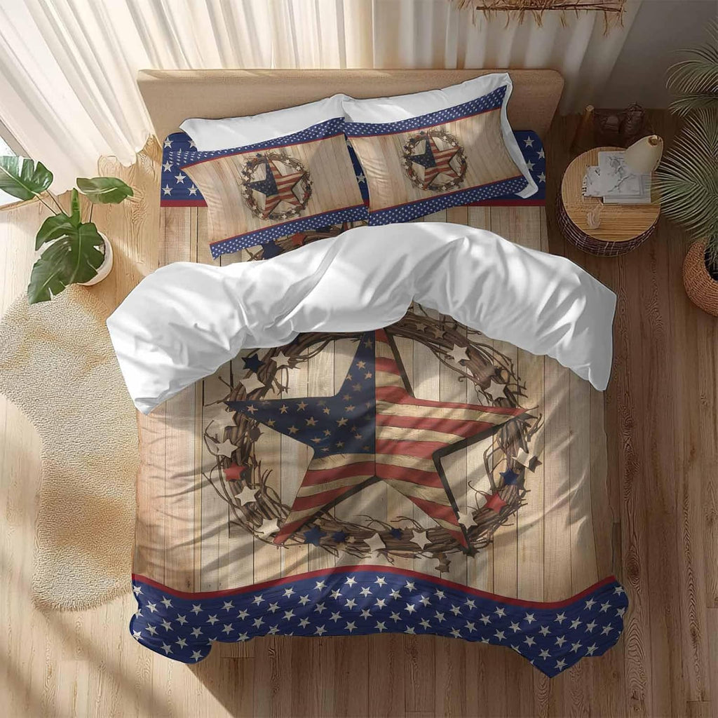 Prime Leader Independence Day Duvet Cover Set Queen Size 4 Pieces Vintage Stars Stripes Wood Grain Bedding Set with Zipper Closure, 1 Comforter Cover 92x106 Inches 1 Flat Sheet & 2 Pillow Cases