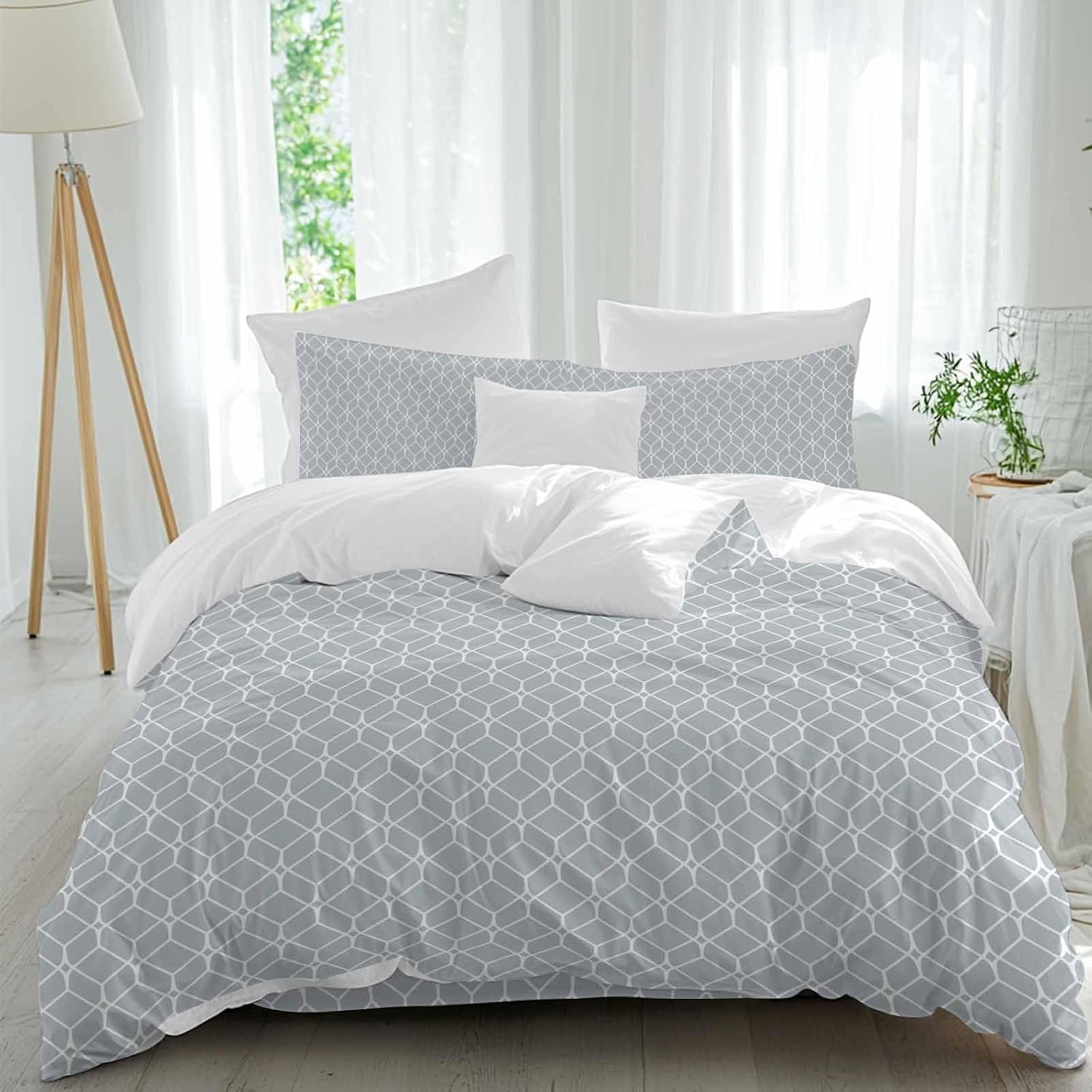 Prime Leader Modern Geometric Duvet Cover Set Queen Size 4 Pieces Grey Color Blocks Abstract Cube Simple Bedding Set with Zipper Closure, 1 Comforter Cover 90x92 Inches 1 Flat Sheet & 2 Pillow Cases