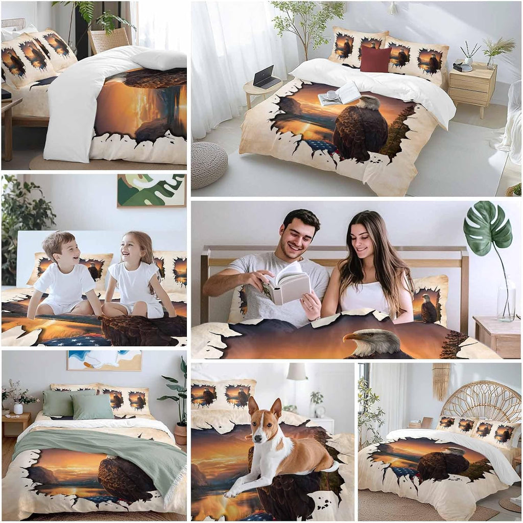 Independence Day Duvet Cover Set Queen Size 4 Pieces Eagle Retro American Flag Sunset Country Bedding Set with Zipper Closure, 1 Comforter Cover 90x92 Inches 1 Flat Sheet & 2 Pillow Cases