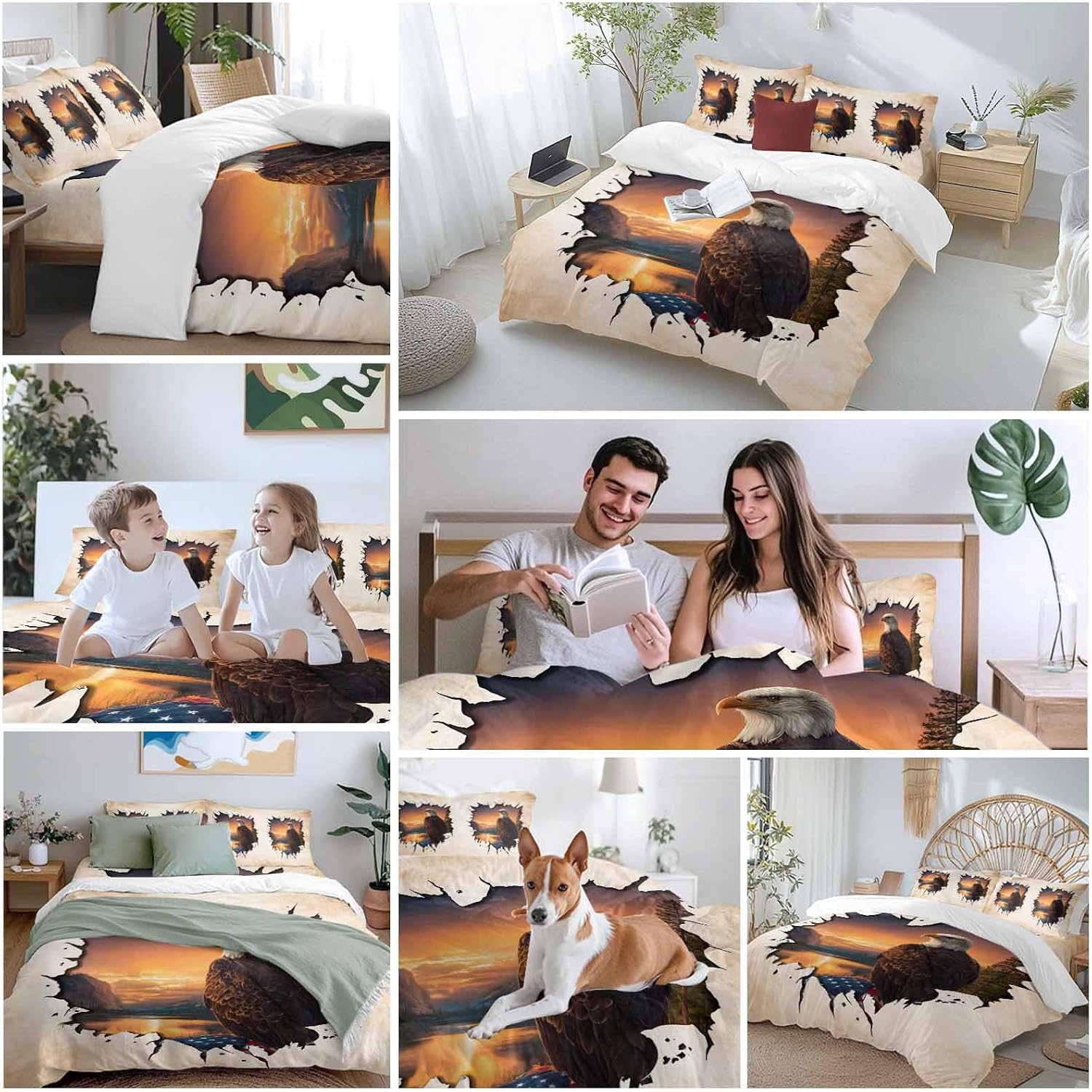 Independence Day Duvet Cover Set Queen Size 4 Pieces Eagle Retro American Flag Sunset Country Bedding Set with Zipper Closure, 1 Comforter Cover 90x92 Inches 1 Flat Sheet & 2 Pillow Cases
