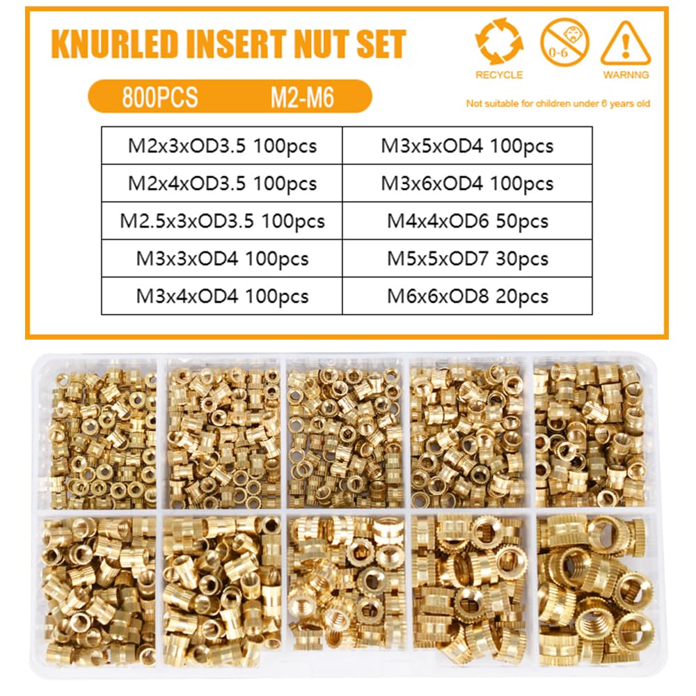 1set Double Pass Copper Knurl Nut Brass Insert Thread Metal Lock Nuts Embedded Fastener Assortment Kit Set Box M2 M2.5 M3 M4 M5 M6(LSTH00164)