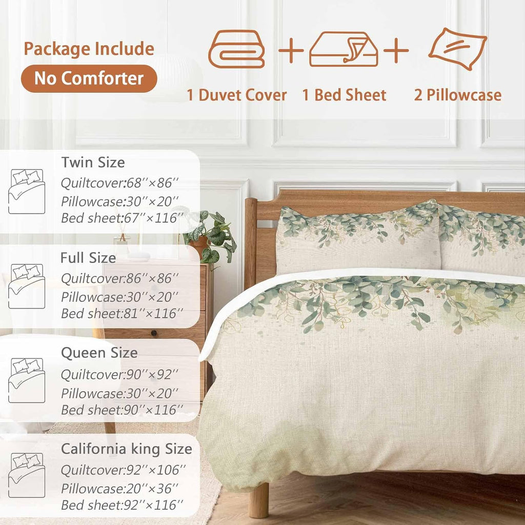 Prime Leader Green Eucalyptus Leaves Duvet Cover Set Queen Size 4 Pieces Flower Vintage Linen Texture Bedding Set with Zipper Closure, 1 Comforter Cover 92x106 Inches 1 Flat Sheet & 2 Pillow Cases