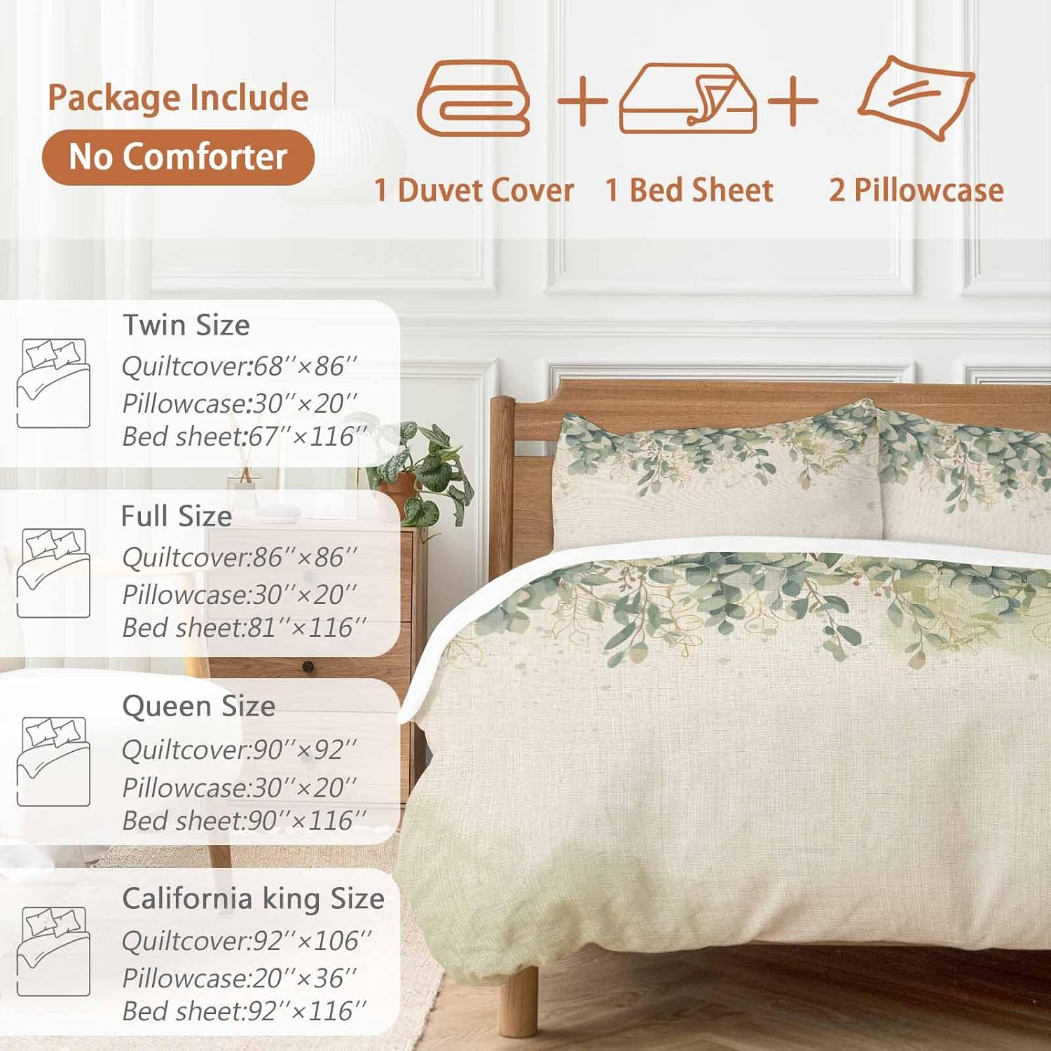 Prime Leader Green Eucalyptus Leaves Duvet Cover Set Queen Size 4 Pieces Flower Vintage Linen Texture Bedding Set with Zipper Closure, 1 Comforter Cover 92x106 Inches 1 Flat Sheet & 2 Pillow Cases