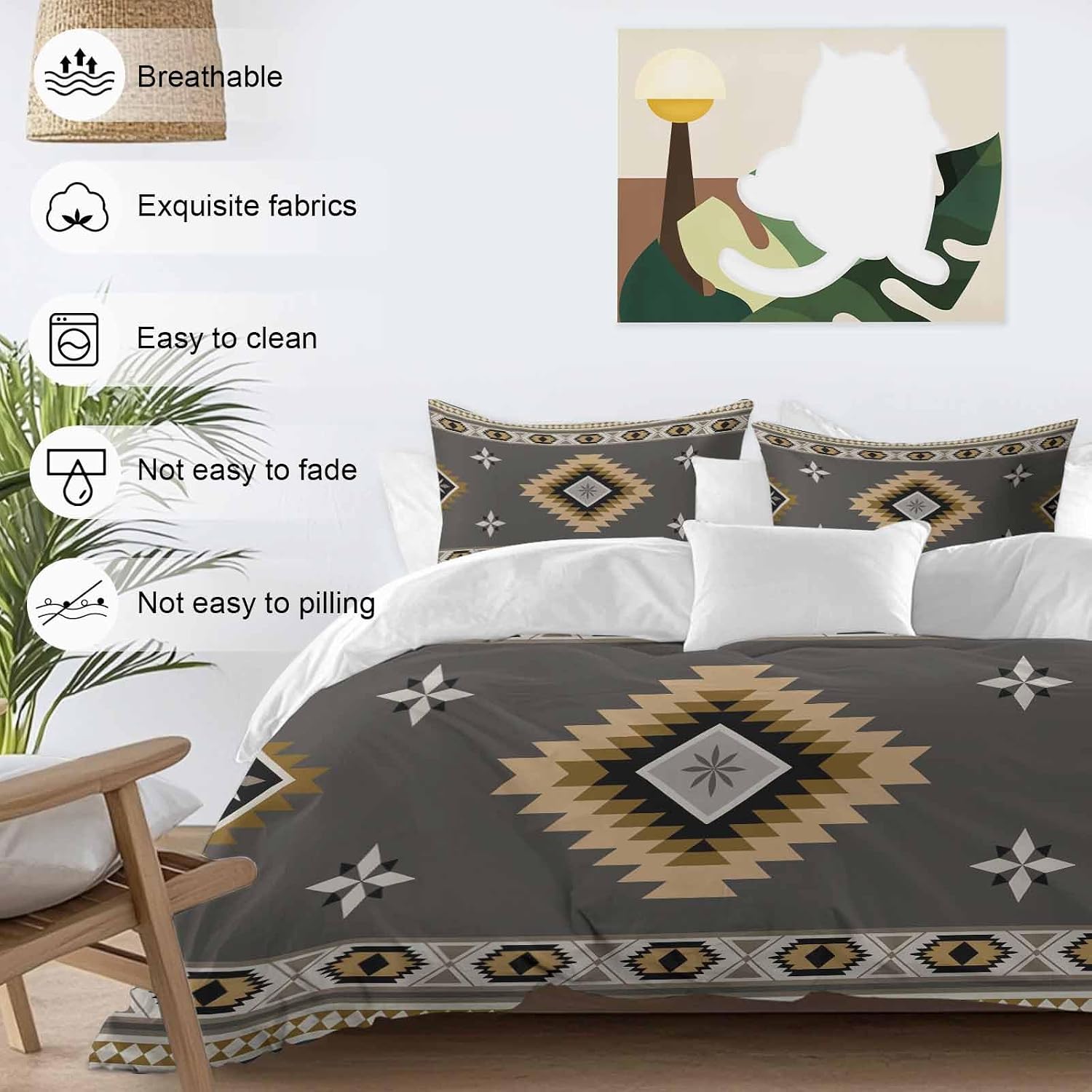 Prime Leader Grey Tribal Geometric Duvet Cover Set Queen Size 4 Pieces Vintage Boho Native Abstract Bedding Set with Zipper Closure, 1 Comforter Cover 90x92 Inches 1 Flat Sheet & 2 Pillow Cases