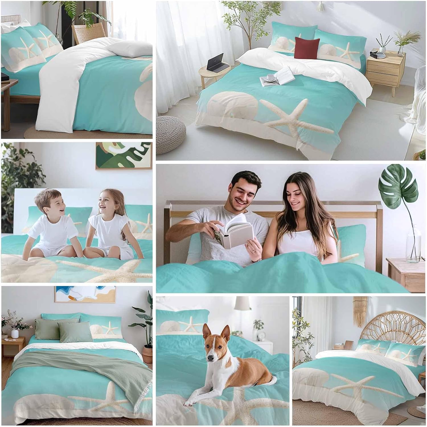 Beach Starfish Sand Dollar Duvet Cover Set Queen Size 4 Pieces Modern Nautical Ocean Marine Life Teal Bedding Set with Zipper Closure, 1 Comforter Cover 92x106 Inches 1 Flat Sheet & 2 Pillow Cases