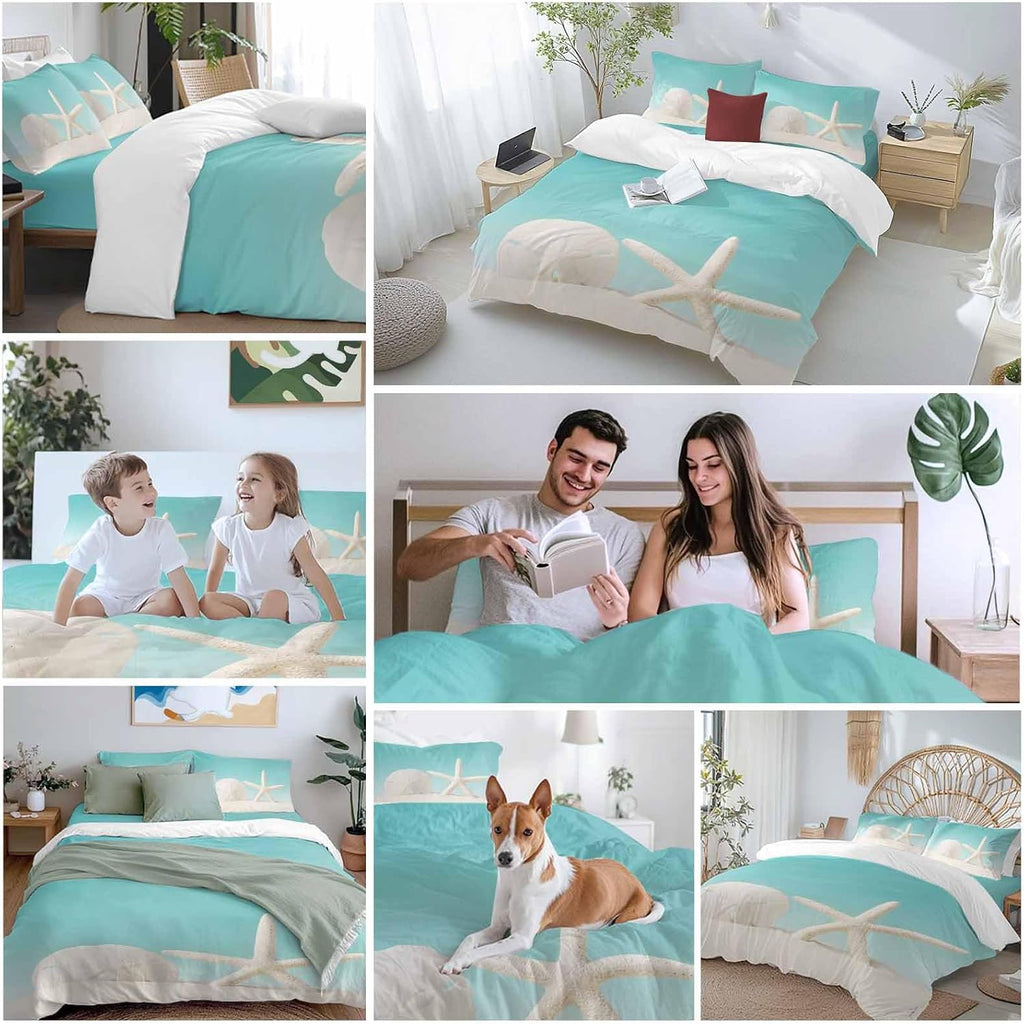 Beach Starfish Sand Dollar Duvet Cover Set Queen Size 4 Pieces Modern Nautical Ocean Marine Life Teal Bedding Set with Zipper Closure, 1 Comforter Cover 86x86 Inches 1 Flat Sheet & 2 Pillow Cases