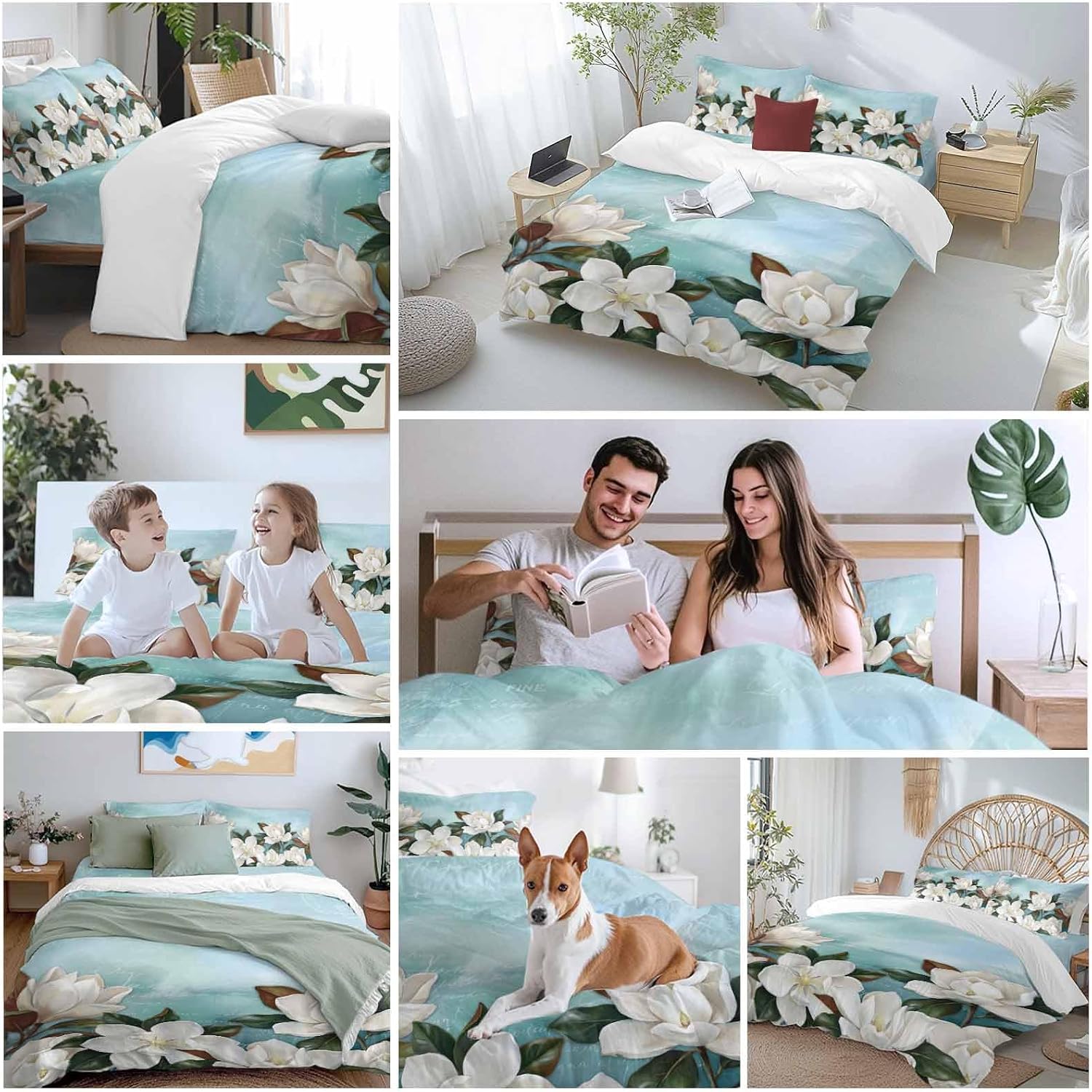 White Floral Duvet Cover Set Queen Size 4 Pieces Spring White Magnolia Vintage Plants Farmhouse Farm Blue Bedding Set with Zipper Closure, 1 Comforter Cover 86x86 Inches 1 Flat Sheet & 2 Pillow Cases