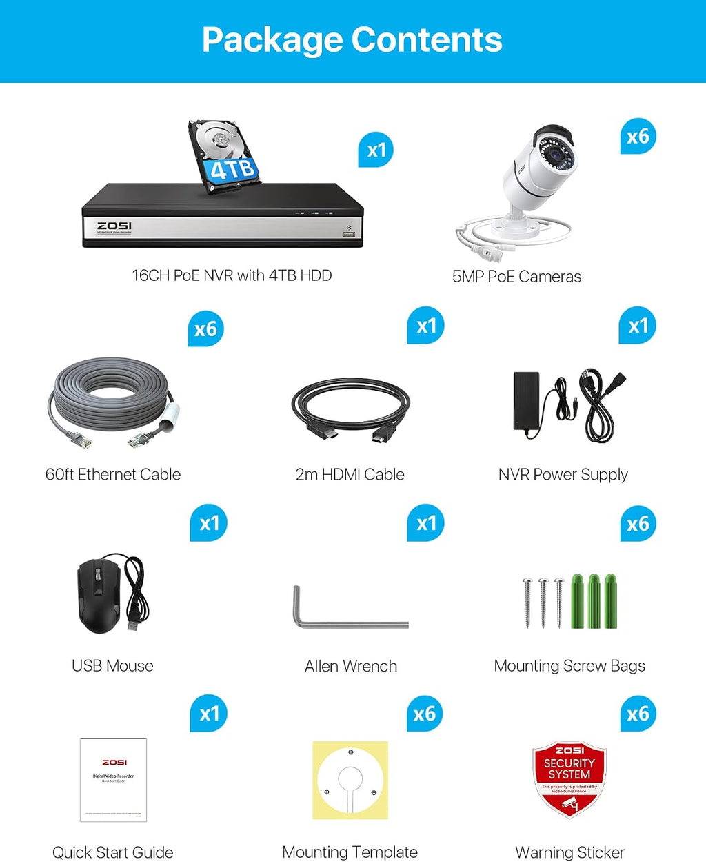 ZOSI 16CH 4K PoE Home Security Cameras System,H.265+ 16Channel 8MP NVR with 4TB HDD,6Pcs 5MP Outdoor Indoor PoE IP Bullet Camera,Color Night Vision,Motion Alert,IP66 Weatherproof,for 24/7 Recording