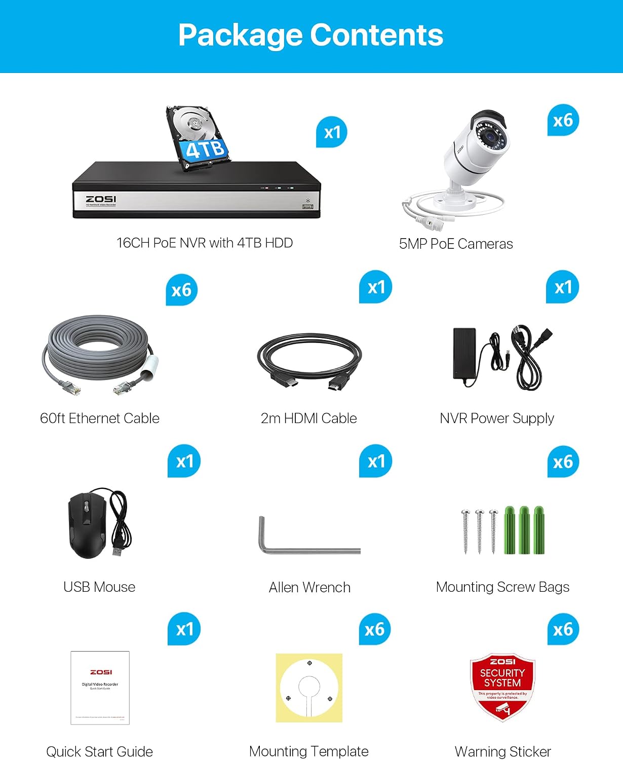 ZOSI 16CH 4K PoE Home Security Cameras System,H.265+ 16Channel 8MP NVR with 4TB HDD,6Pcs 5MP Outdoor Indoor PoE IP Bullet Camera,Color Night Vision,Motion Alert,IP66 Weatherproof,for 24/7 Recording