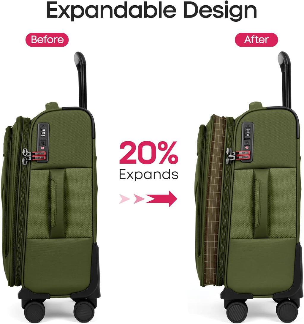 2PCS Set（22in/28in）Softside Luggage Sets w/TSA LOCK,Expandable 20% Luggage w/Spinner Wheels,Upright Spinner Softshell,Lightweight Durable Rolling Travel Luggage Set for Men/Women（Green,22in/28in）
