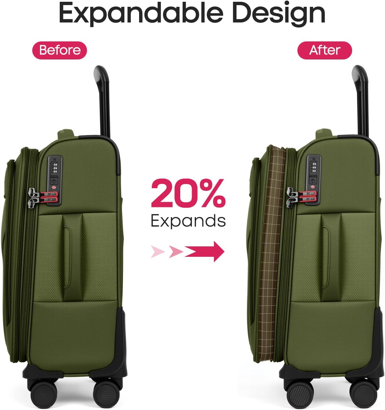 2PCS Set（22in/28in）Softside Luggage Sets w/TSA LOCK,Expandable 20% Luggage w/Spinner Wheels,Upright Spinner Softshell,Lightweight Durable Rolling Travel Luggage Set for Men/Women（Green,22in/28in）