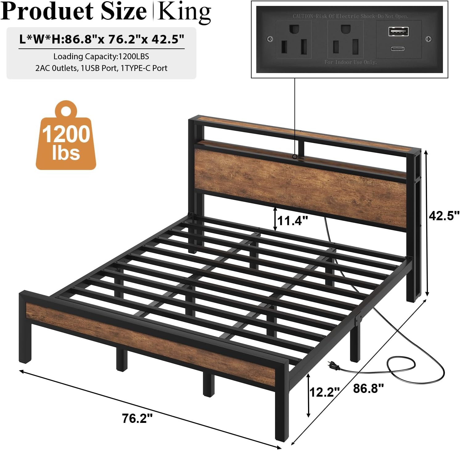 LOEWAY King Size Platform Bed with 2-Tier Storage Headboard, Metal Bed Frame with Charging Station & LED Light, Heavy Duty Metal Slats, No Box Spring Need, Noise Free, Rustic Brown