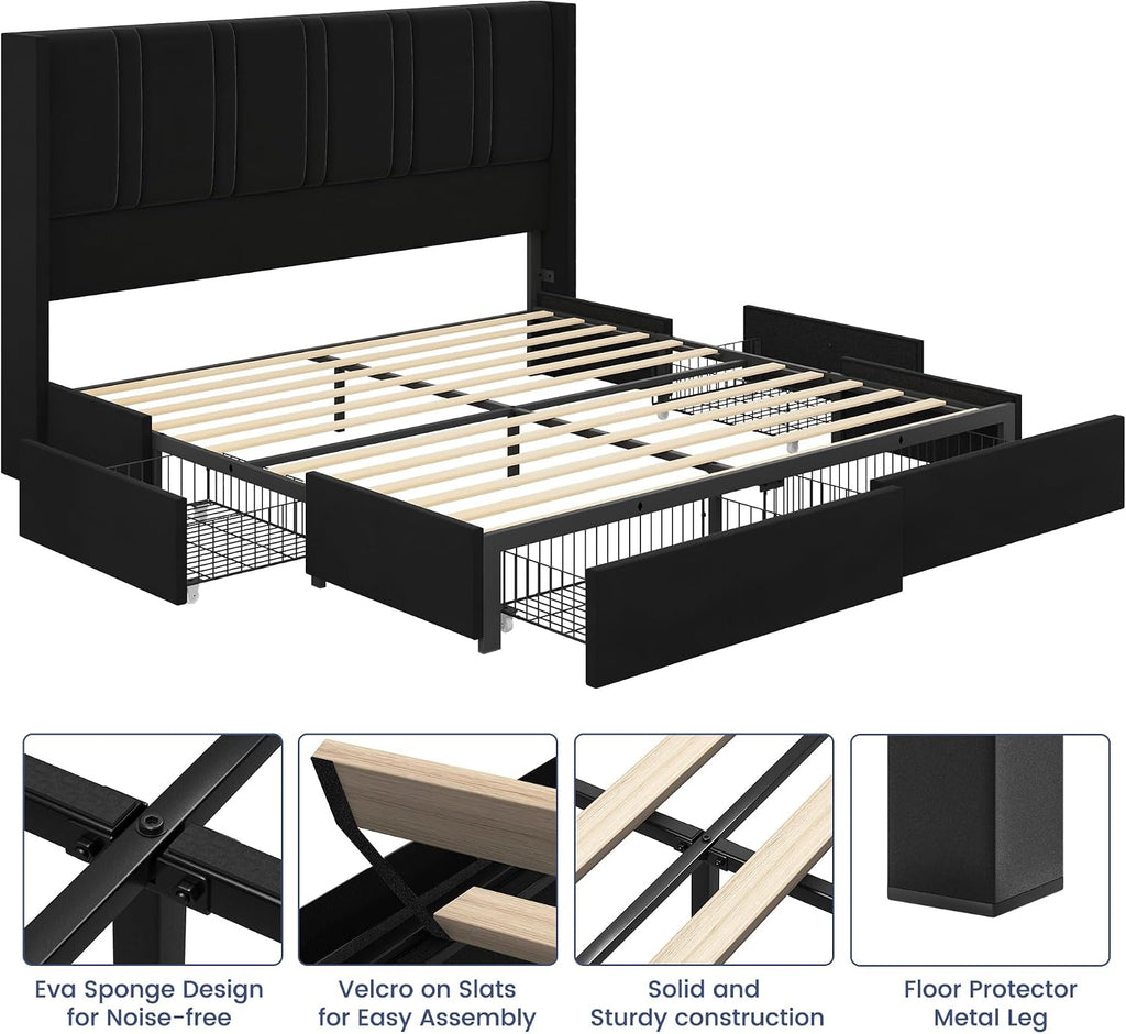 BRELTAM King Size Bed Frame with 4 Storage Drawers Velvet Upholstered Platform Bed with Wingback Headboard, No Box Spring Needed, Easy Assembly, Black