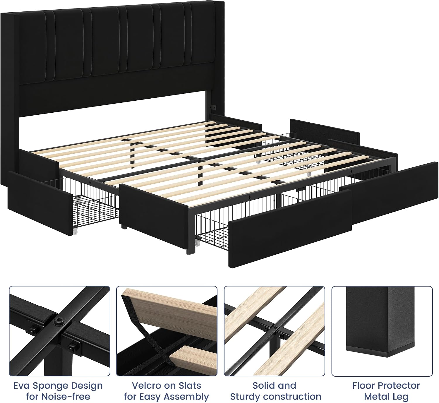 BRELTAM King Size Bed Frame with 4 Storage Drawers Velvet Upholstered Platform Bed with Wingback Headboard, No Box Spring Needed, Easy Assembly, Black