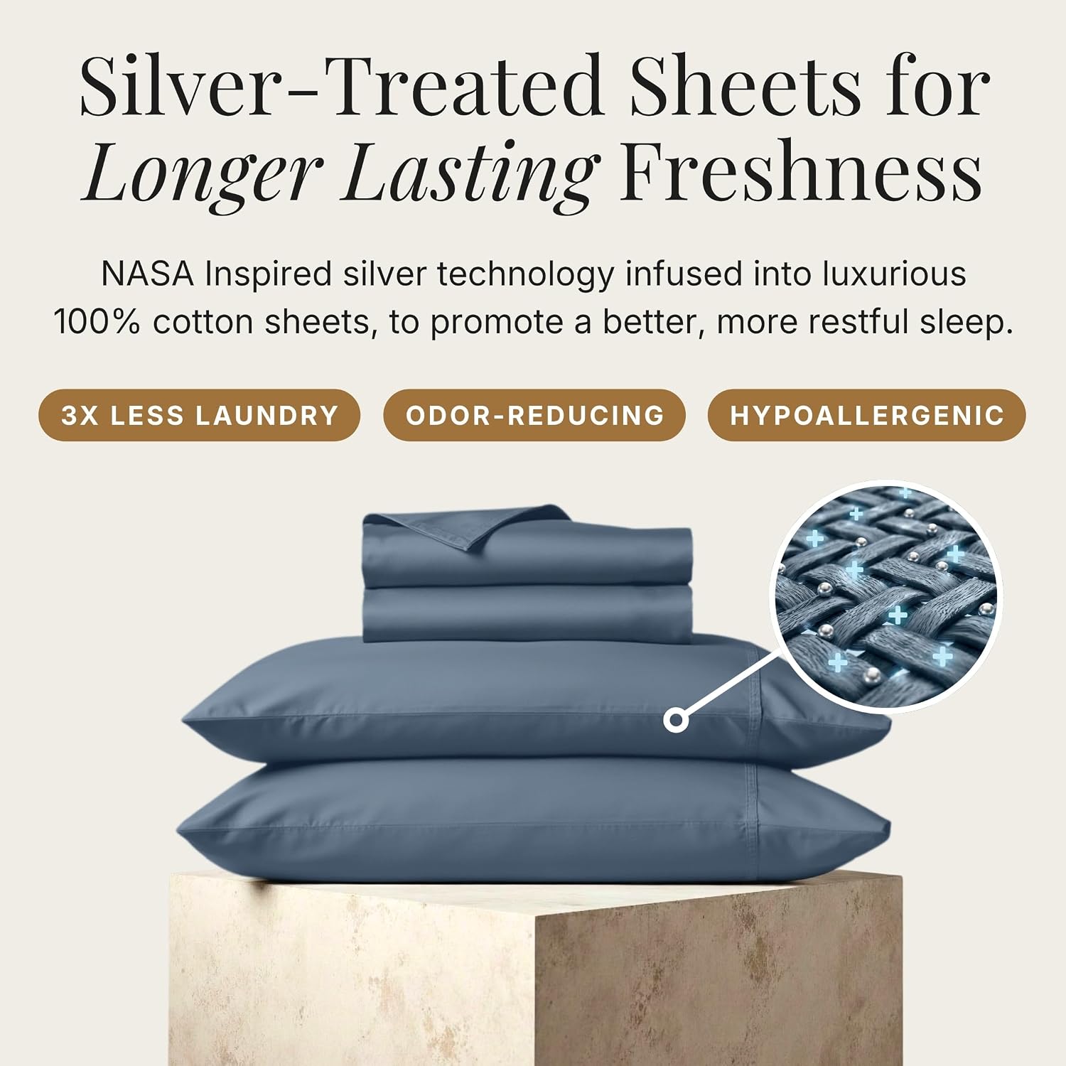 Miracle Made Breathable Cotton Bed Sheets, 4-Piece Set – Silver-Treated, Soft and Cool-to-the-Touch Lightweight Bedding Designed for Hot Sleepers – Queen Size, Slate Blue