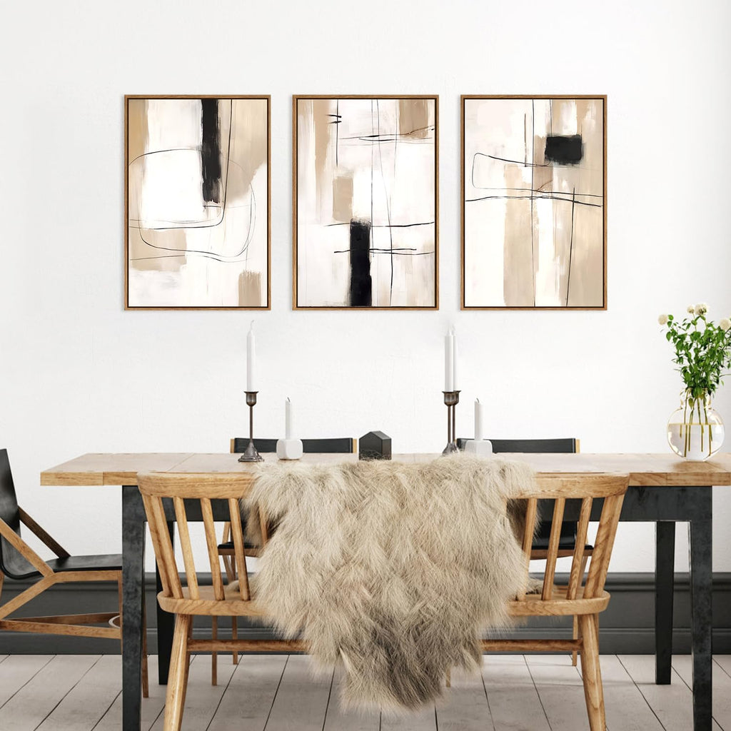 FWIEXA Modern Abstract Canvas Wall Art Set of 3, Framed Neutral Wall Decor, Large Black White Wall Painting, Beige Cream 24x36 Inch Prints Artworks for Living Room, Bedroom, Dining Room, Office