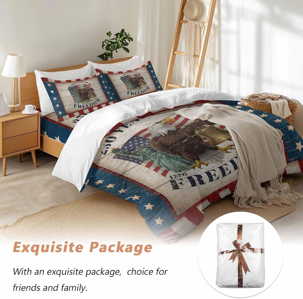 250 Years of Freedom Duvet Cover Set Queen Size 4 Pieces Patriotic Bald Eagle Star Stripe Wooden Bedding Set with Zipper Closure, 1 Comforter Cover 90x92 Inches 1 Flat Sheet & 2 Pillow Cases