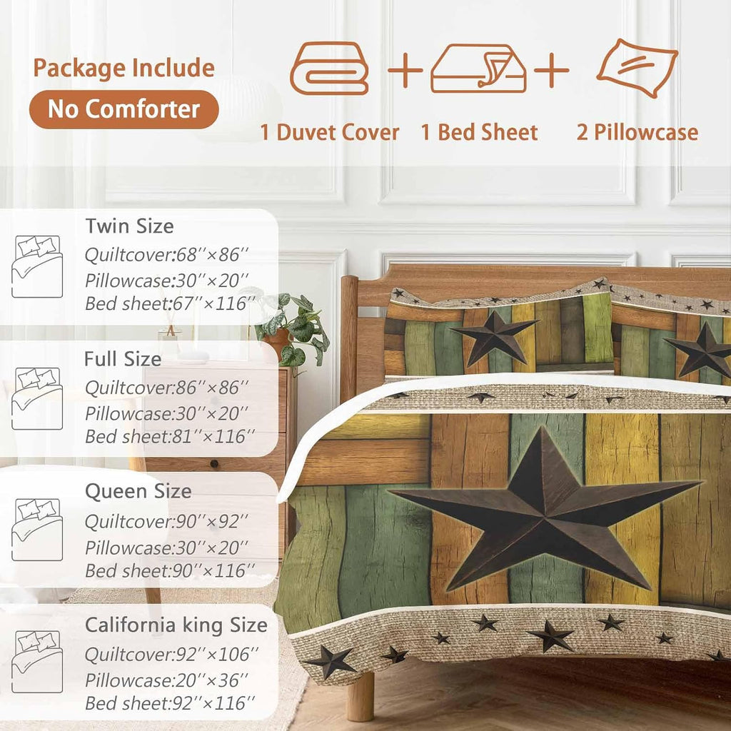 Texas Star Duvet Cover Set Queen Size 4 Pieces Retro Chic Western Texas Star Pattern Wooden Grain Bedding Set with Zipper Closure, 1 Comforter Cover 86x86 Inches 1 Flat Sheet & 2 Pillow Cases