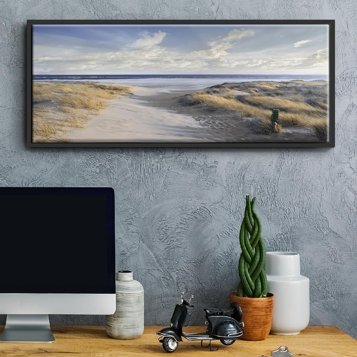 Renditions Gallery Floater Framed Home Decor Coastal Dunes Path Painting Canvas Home Decorations for Lounge Drawing Room Balcony Kitchen - 20'x50' Black Frame LT618