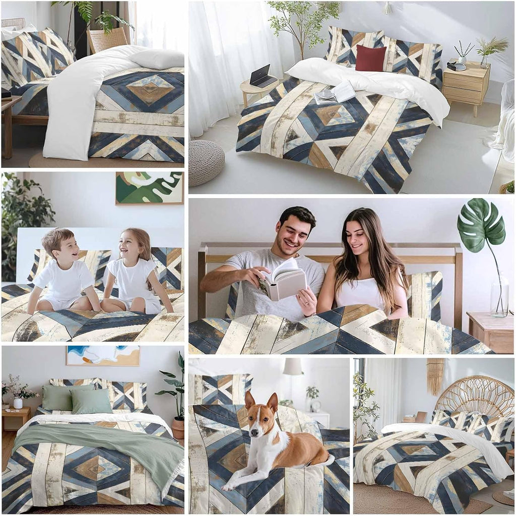 Vintage Duvet Cover Set Queen Size 4 Pieces Western Aztec Geometric Strip Wood Texture Farmhouse Bedding Set with Zipper Closure, 1 Comforter Cover 92x106 Inches 1 Flat Sheet & 2 Pillow Cases