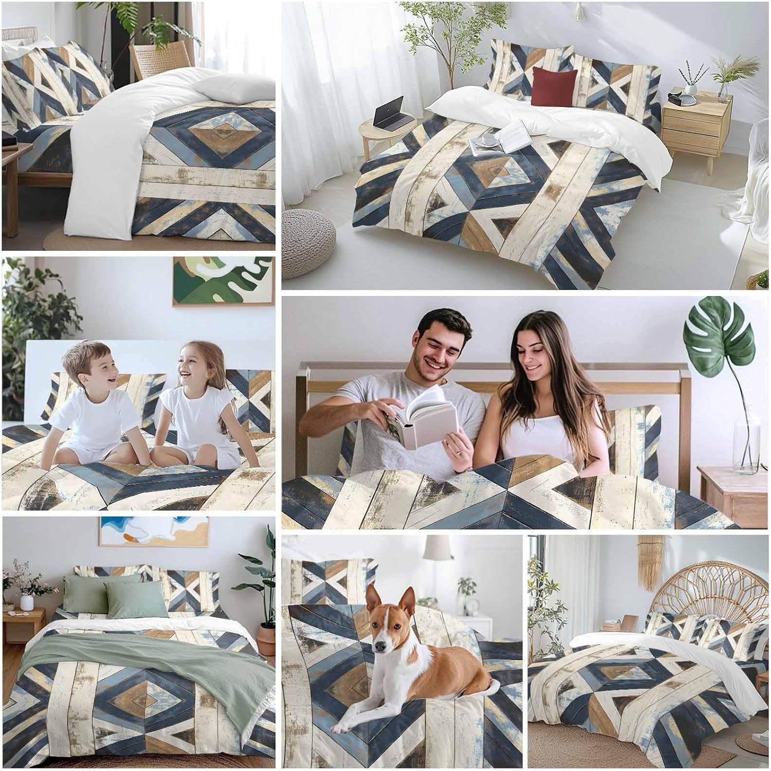 Vintage Duvet Cover Set Queen Size 4 Pieces Western Aztec Geometric Strip Wood Texture Farmhouse Bedding Set with Zipper Closure, 1 Comforter Cover 92x106 Inches 1 Flat Sheet & 2 Pillow Cases