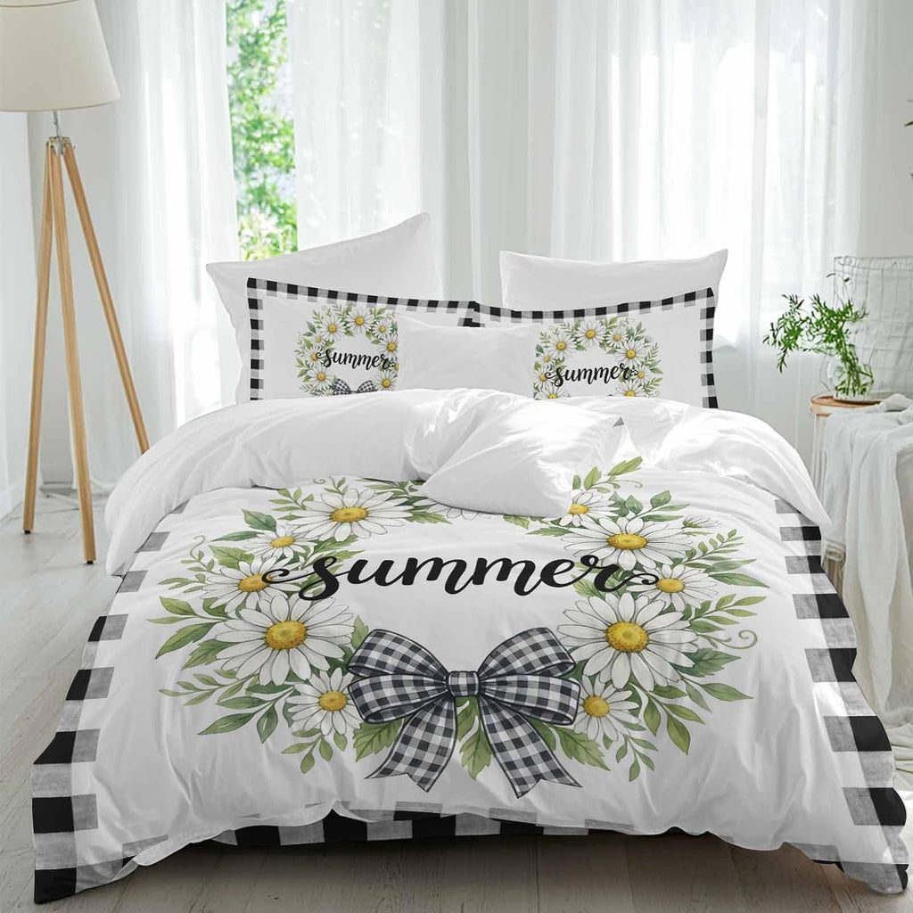 Prime Leader White Flowers Duvet Cover Set Queen Size 4 Pieces Daisy Plaid Bow Green Leaf Summer Striped Bedding Set with Zipper Closure, 1 Comforter Cover 90x92 Inches 1 Flat Sheet & 2 Pillow Cases