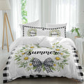 Prime Leader White Flowers Duvet Cover Set Queen Size 4 Pieces Daisy Plaid Bow Green Leaf Summer Striped Bedding Set with Zipper Closure, 1 Comforter Cover 90x92 Inches 1 Flat Sheet & 2 Pillow Cases