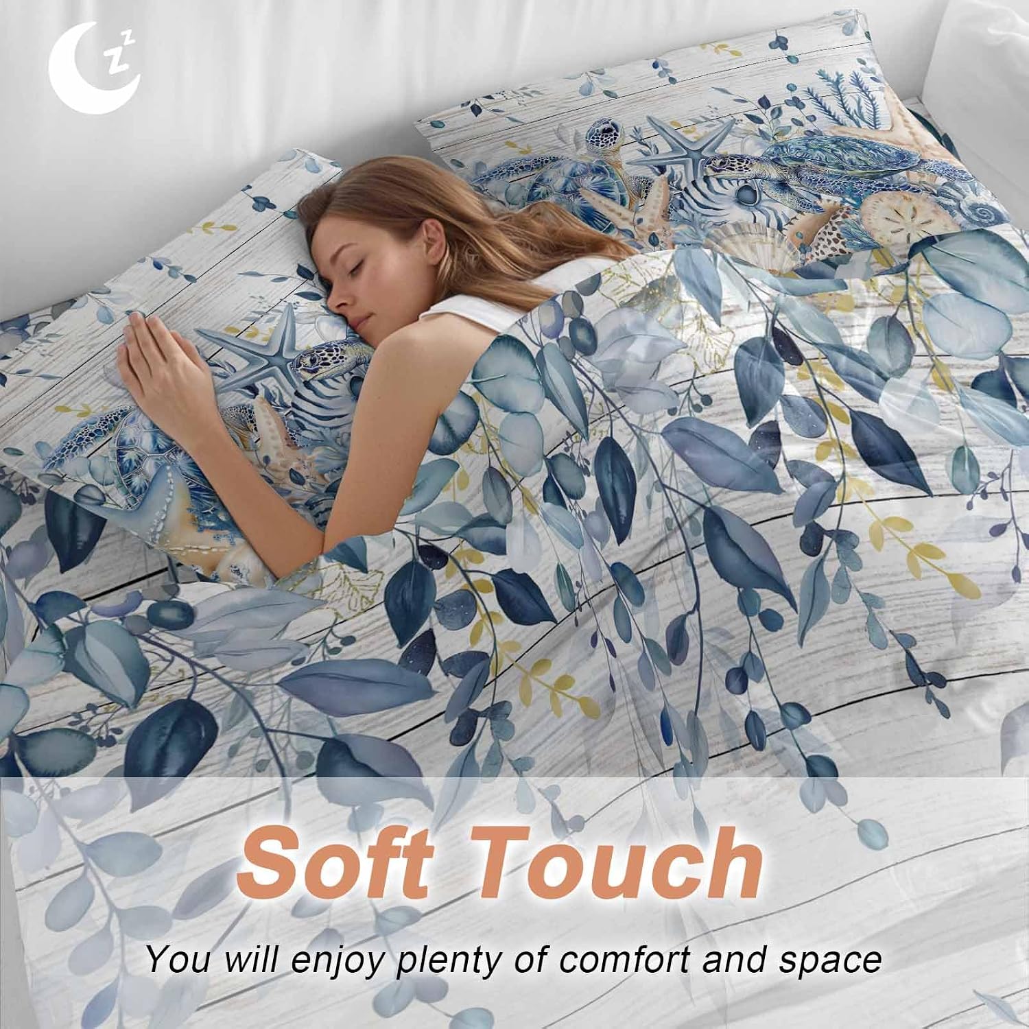 Prime Leader Ocean Turtle Duvet Cover Set Queen Size 4 Pieces Retro Sea Stars Shells Blue Leaf Wood Grain Bedding Set with Zipper Closure, 1 Comforter Cover 90x92 Inches 1 Flat Sheet & 2 Pillow Cases