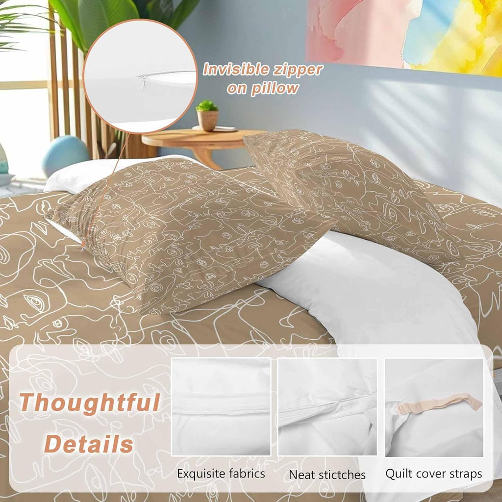 Brown Modern Art Duvet Cover Set Queen Size 4 Pieces White Abstract Line Human Face Minimalist Bedding Set with Zipper Closure, 1 Comforter Cover 86x86 Inches 1 Flat Sheet & 2 Pillow Cases