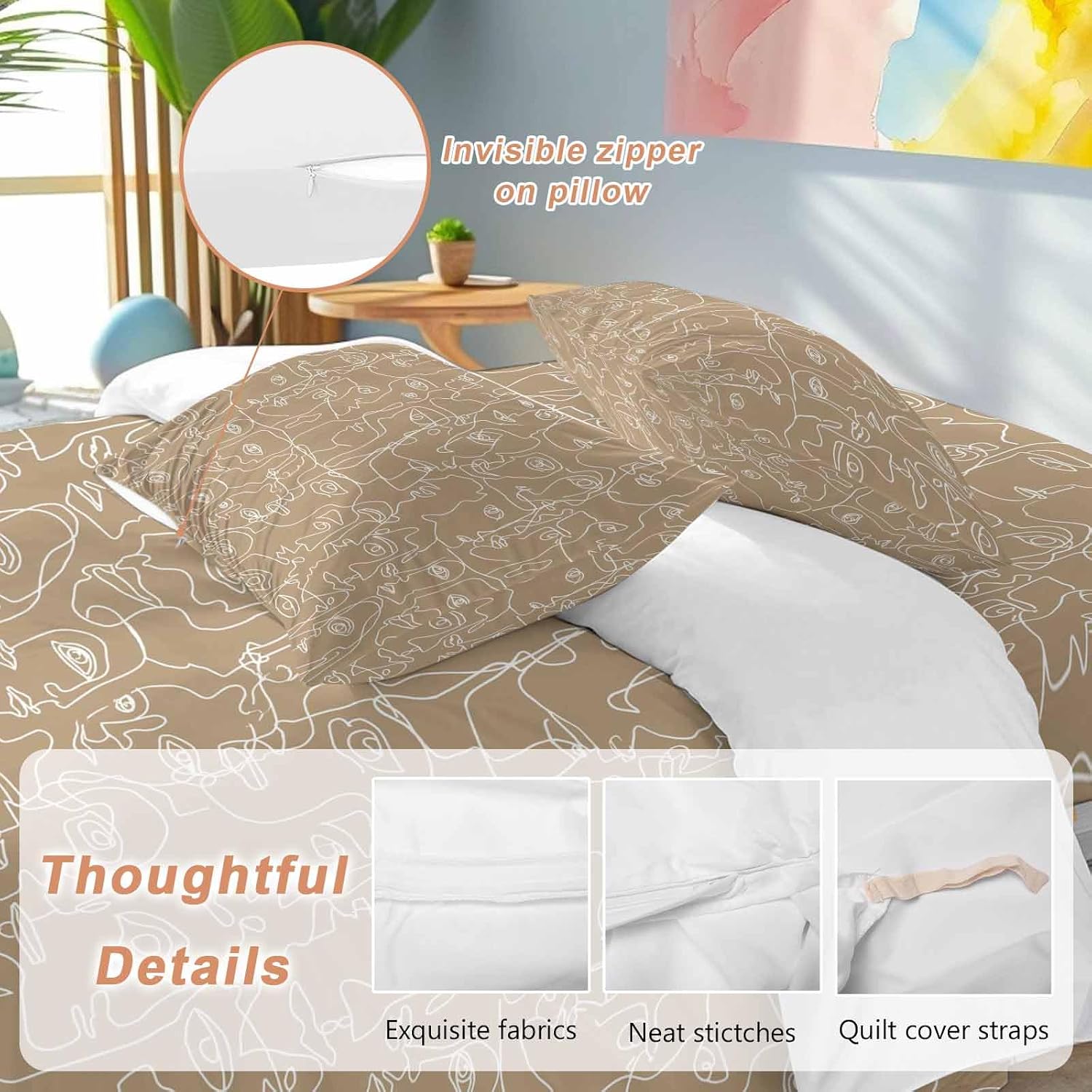 Brown Modern Art Duvet Cover Set Queen Size 4 Pieces White Abstract Line Human Face Minimalist Bedding Set with Zipper Closure, 1 Comforter Cover 90x92 Inches 1 Flat Sheet & 2 Pillow Cases