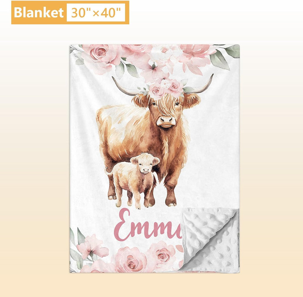 Terwex Personalized Baby Crib Bedding Set, 5 Pcs Custom Name Nursery Bedding Set, Pink Highland Cow Baby Bedding Set for Girl, Double Layer Baby Crib Sets, Customized Gifts for Toddlers Kids Infants