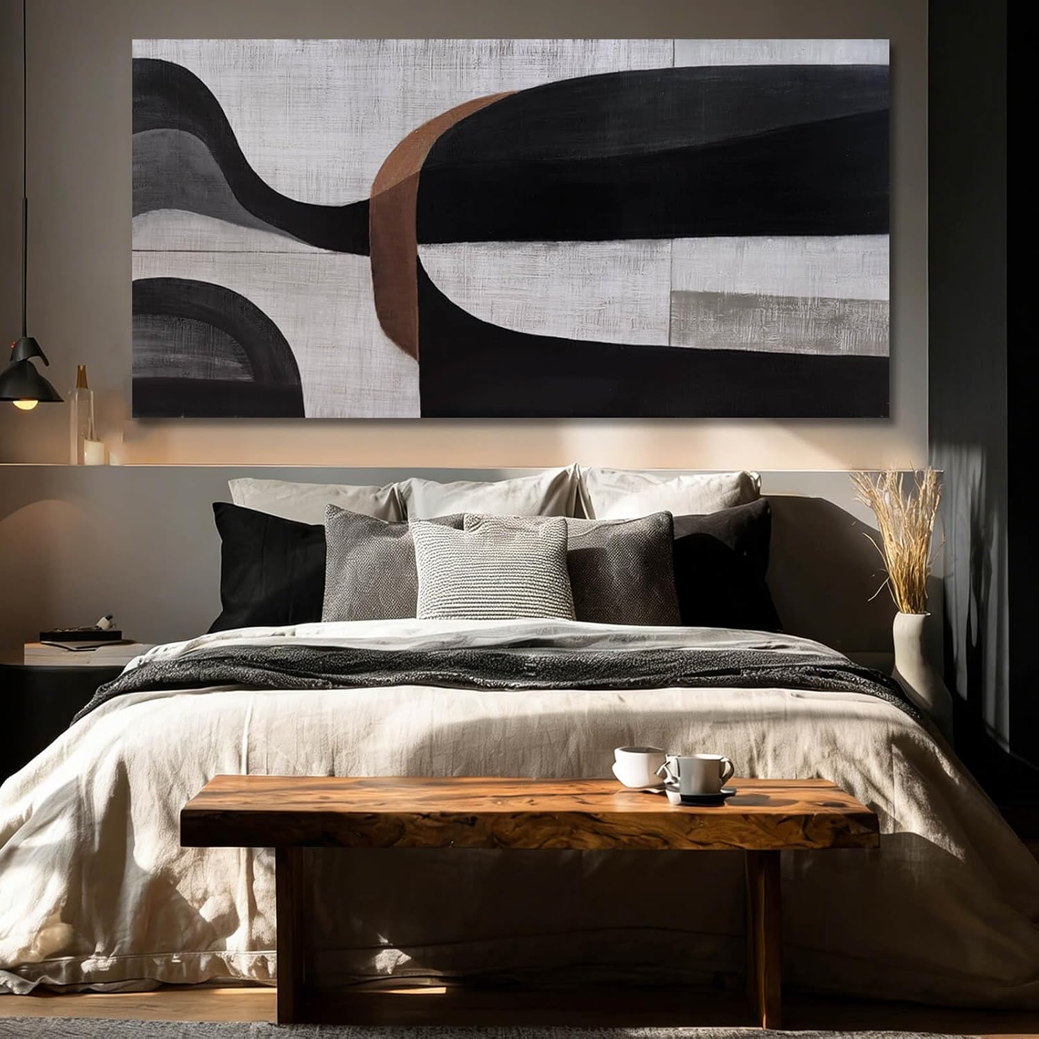 WINKAILIN Large Abstract Black Grey and White Canvas Artwork Modern Geometric Painting for Living Room Bedroom Office Minimalist Wall Decoration 29x58 Inch