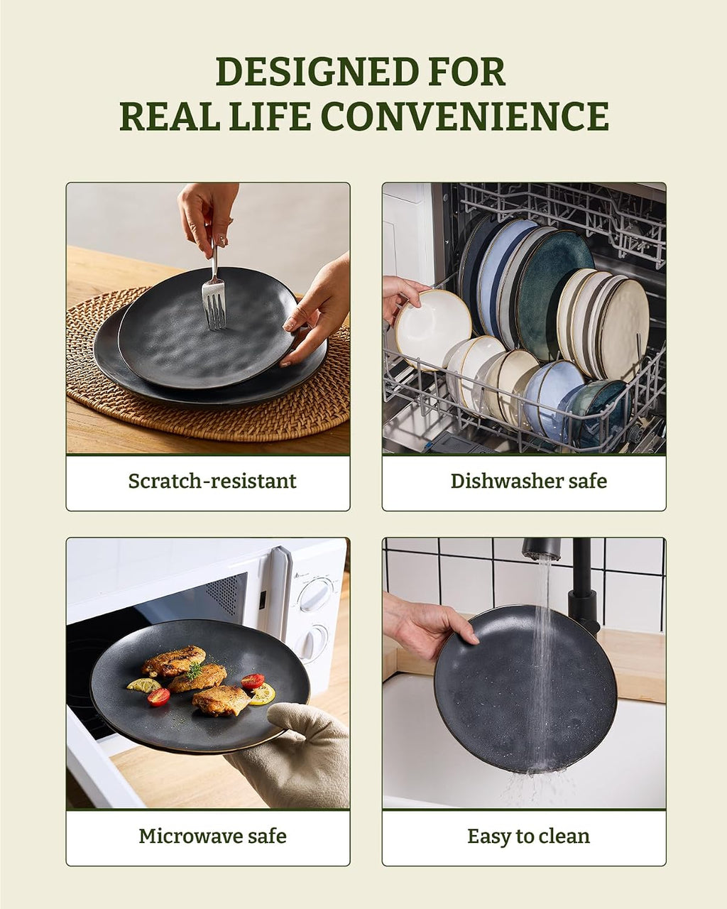 Famiware Dinnerware Sets for 8, Ocean Round 24-Piece Kitchen Plates and Bowls Sets, Microwave and Dishwasher Safe, Scratch Resistant, Matte Black