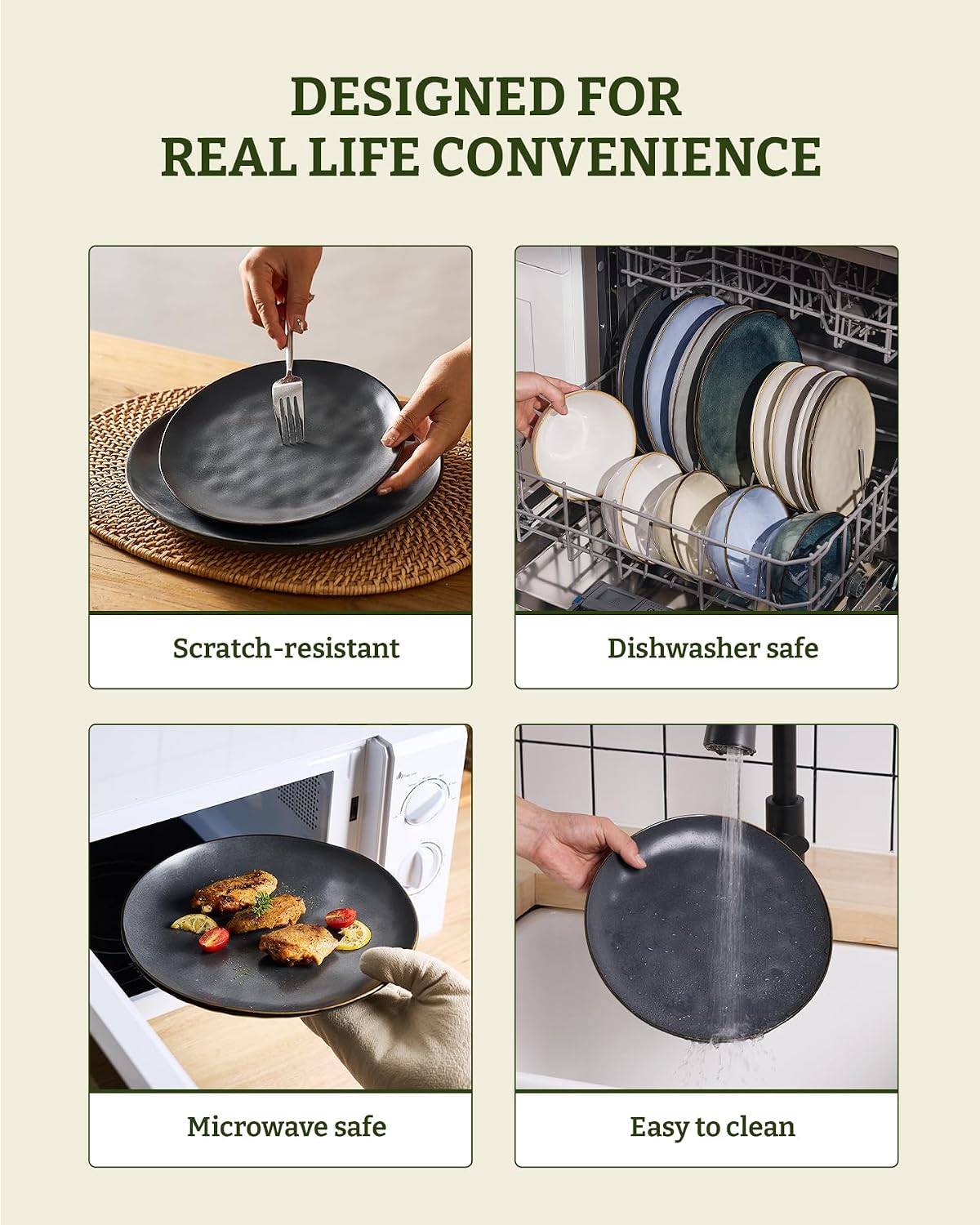 Famiware Dinnerware Sets for 8, Ocean Round 24-Piece Kitchen Plates and Bowls Sets, Microwave and Dishwasher Safe, Scratch Resistant, Matte Black
