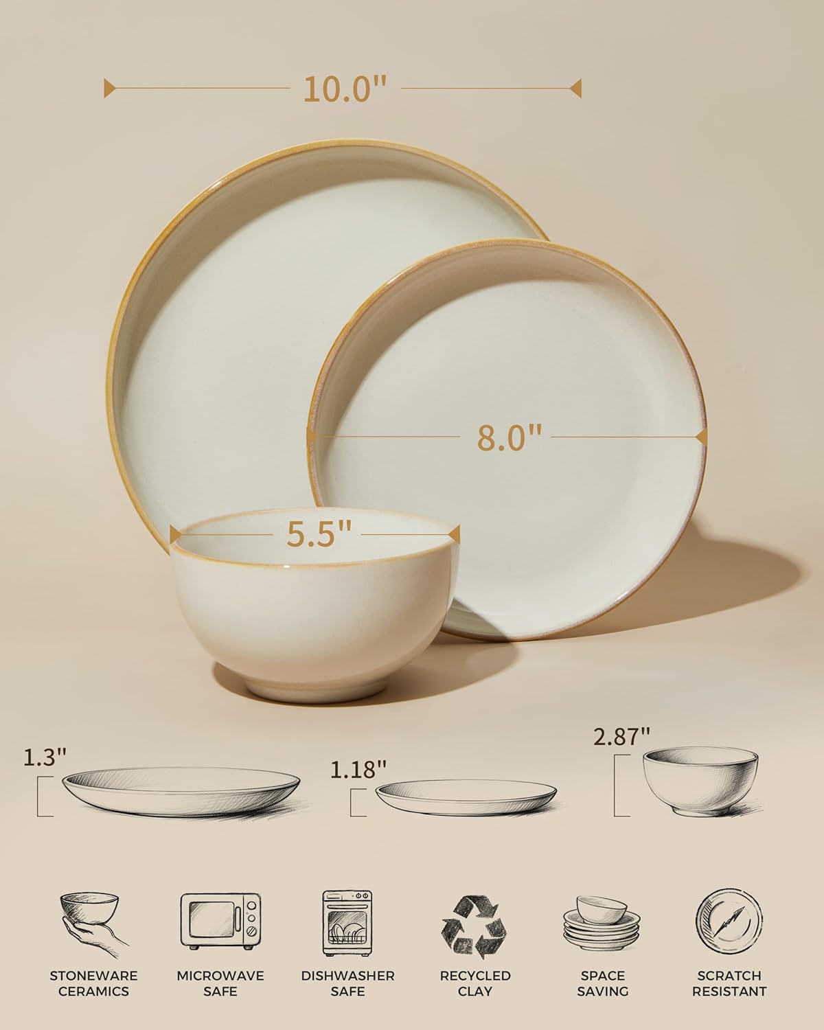 Pokini Plates and Bowls Sets for 8, 24 Piece Dinnerware Set for Large Families & Entertaining, Elegant Design, Dishwasher & Microwave Safe, Chip Resistant and Durable, Yellow White