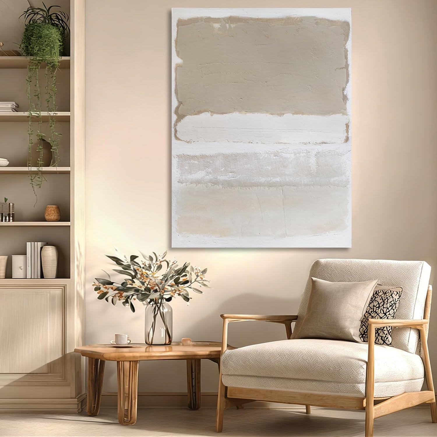 SHEYOYE Hand-painted Abstract Wall Art - Large Canvas Art for Living Room, Bedroom, Modern Beige and White Art Decor, 36x48in