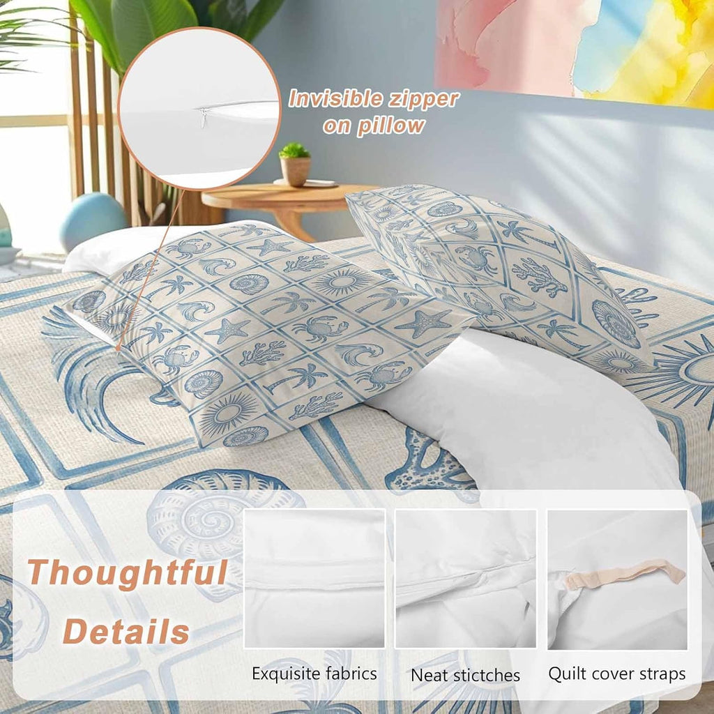 Prime Leader Summer Coastal Duvet Cover Set Queen Size 4 Pieces Retro Ocean Waves Shell Crab Coconut Tree Bedding Set with Zipper Closure, 1 Comforter Cover 90x92 Inches 1 Flat Sheet & 2 Pillow Cases